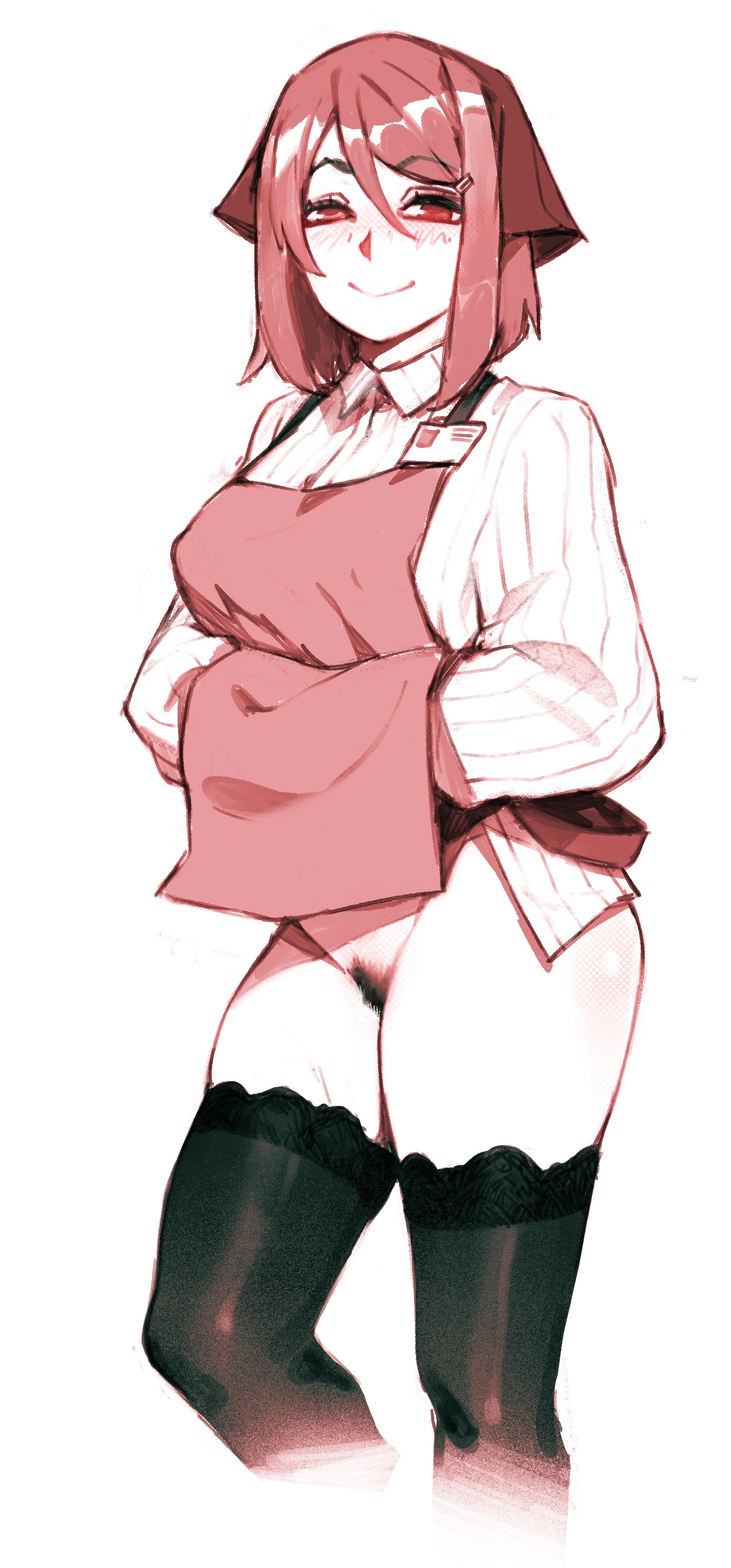 1girls, acht, apron, apron lift, blush, bottomless, closed mouth, feet out of frame, female, female only, groin, headscarf, limited palette, long hair, looking at viewer, momdadno, pubic hair, shirt, smile, stockings, super no ura de yani suu futari, yamada (super no ura de yani suu futari)
