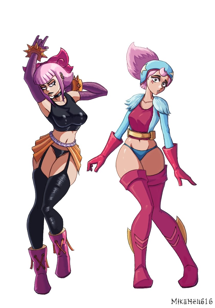 2girls, armpits, arms up, artist request, boots, bow, brawl stars, breasts, choker, gloves, hand sign, headgear, janet (brawl stars), long hair, looking at viewer, melodie (brawl stars), navel, panties, pantyhose, pink hair, posing, skirt, slim waist, stockings, tagme, tagme (artist), thick thighs, tight clothing, topwear, voluptuous, wide hips