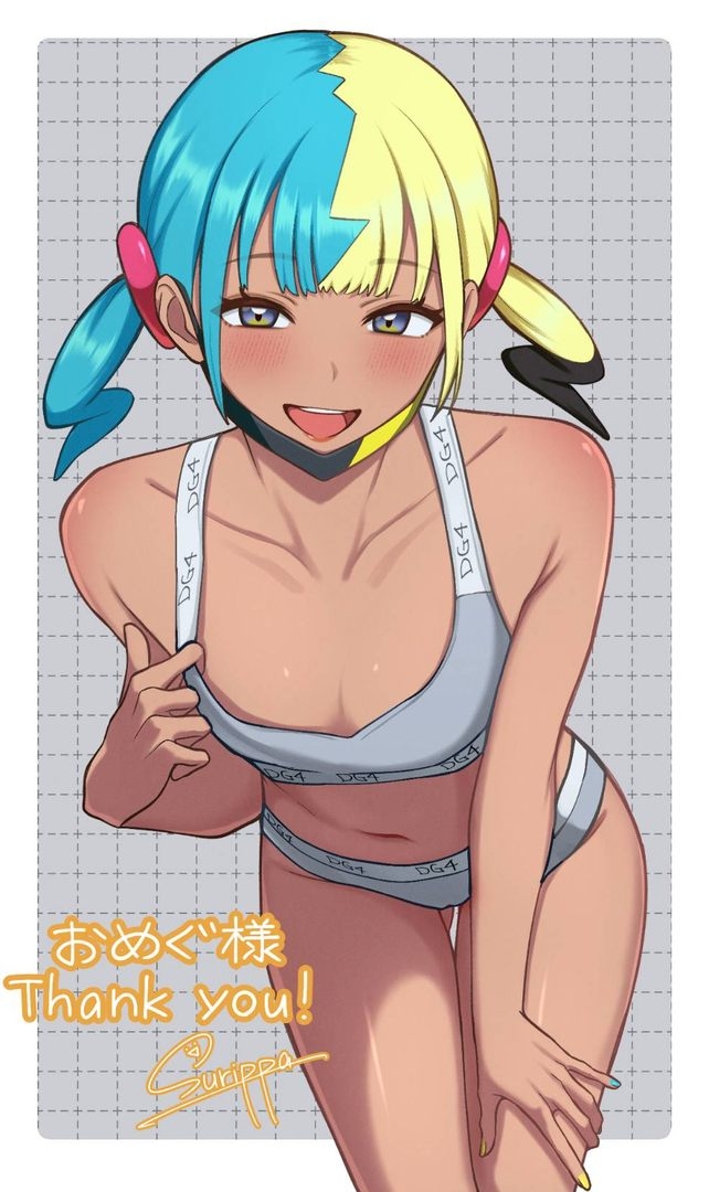 belly, belly button, blonde hair, blue eyes, blue hair, blue nails, cameltoe, canari (pokemon), canary (pokemon), female, female focus, female only, flat chest, leaning forward, looking at viewer, midriff, nail polish, navel, painted nails, pokemon, pokemon legends: z-a, small breasts, sports bra, sportswear, steam, steaming body, steamy breath, stomach, surippa1010, sweat, sweatdrop, sweating, sweaty, two-tone hair, yellow hair, yellow nails
