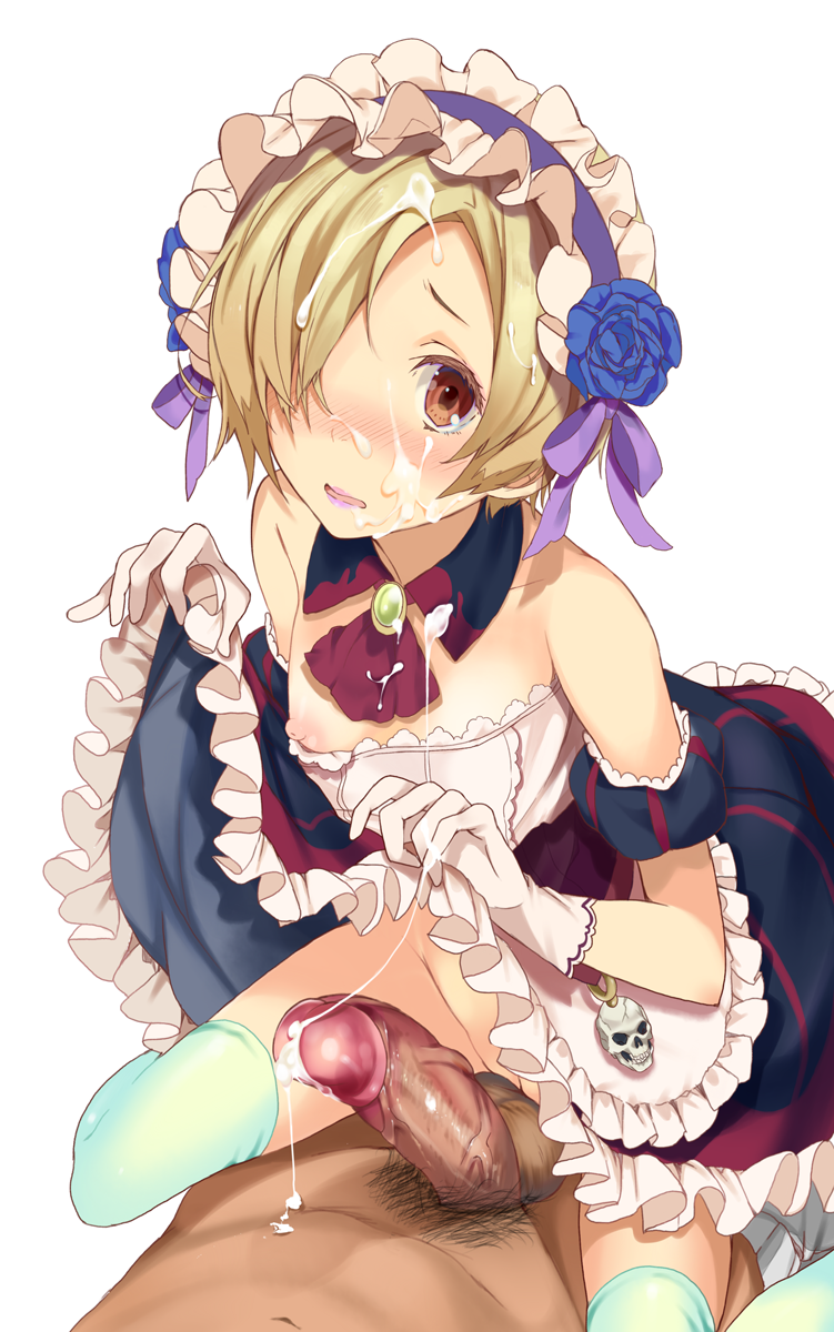 areolae bare_shoulders blonde_hair blush breasts brown_eyes cowgirl_position cum cum_on_body cum_on_hair cum_on_upper_body dress facial female flower frills gloves gothic_lolita hair_ornament hair_over_one_eyes hair_ribbon hairband harunoibuki highres human idolmaster idolmaster_cinderella_girls lolita_fashion lolita_hairband looking_at_viewer male nipple_slip nipples no_bra no_panties open_mouth penis ribbon sex shirasaka_koume short_hair sitting skirt skirt_lift skull straddle straight thighhighs uncensored