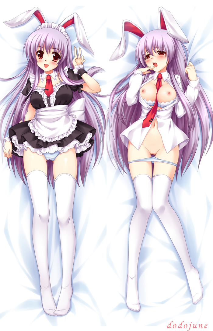 1girls alternate_costume bed_sheet blue_bra blue_panties blush bra breasts dakimakura dodojune enmaided female lavender_hair long_hair looking_at_viewer lying maid maid_headdress nipples no_pants on_back open_clothes open_mouth open_shirt panties panty_pull pussy red_eyes reisen_udongein_inaba sheet_grab solo thighhighs touhou uncensored underwear v very_long_hair white_legwear