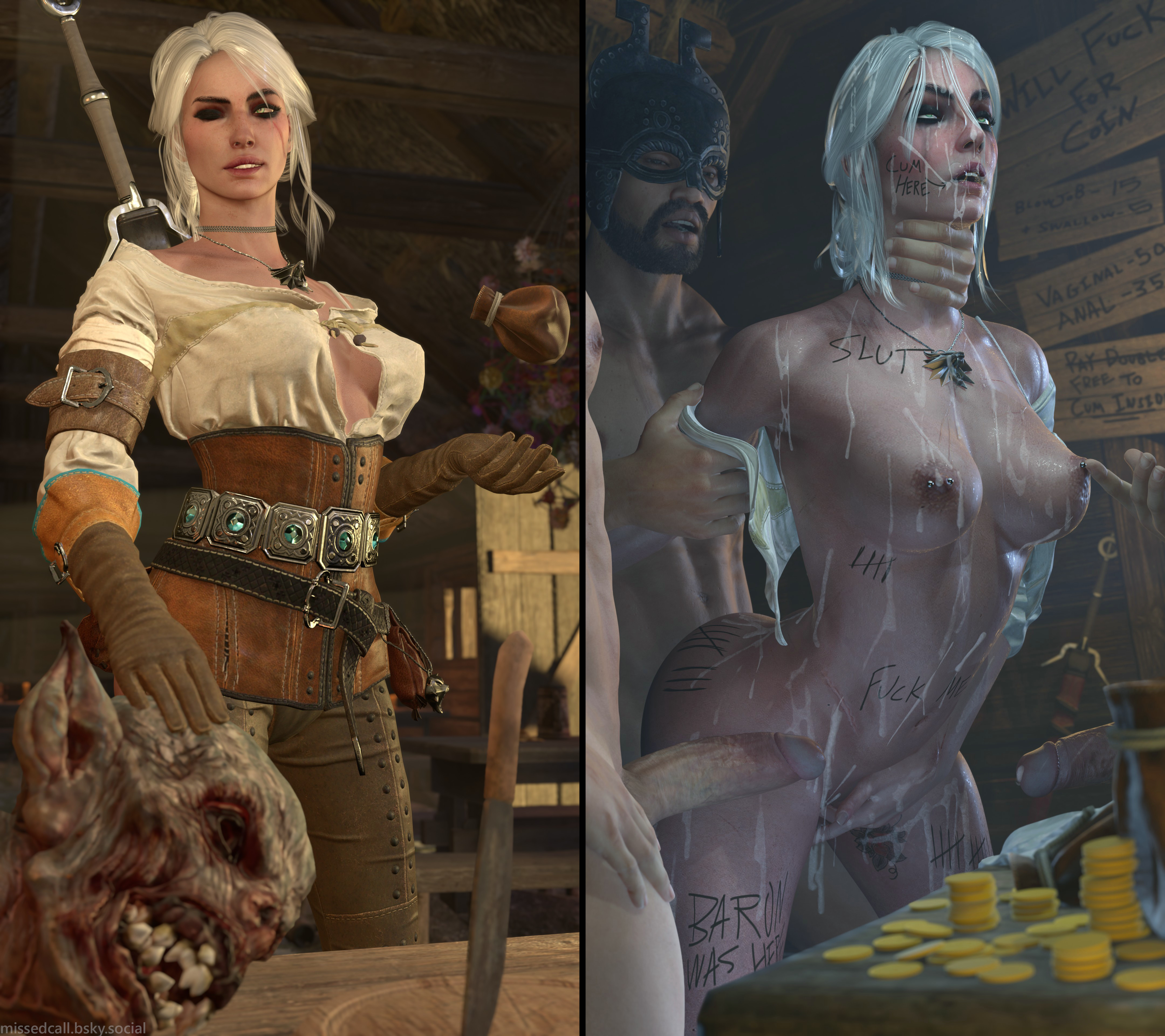 1girl, 3boys, 3d, ambiguous penetration, arm grab, ass, before and after, big penis, breasts, brown gloves, cd projekt red, choker, ciri, clothing, completely nude, contract, cum, cum on body, cum on breasts, cum on face, female, freckles, freckles on face, fucked silly, gloves, gold, green eyes, instant loss 2koma, light skin, light-skinned female, light-skinned male, male, markings, mascara, masturbation, missed call, monster, nipple piercing, nipples, nipples touching, no text, no text version, nude, penetration, penis, pierced nipples, running mascara, runny makeup, scar, sex, sword, tattoo, the witcher (series), the witcher 3: wild hunt, throat grab, white hair, wink, witcher medallion
