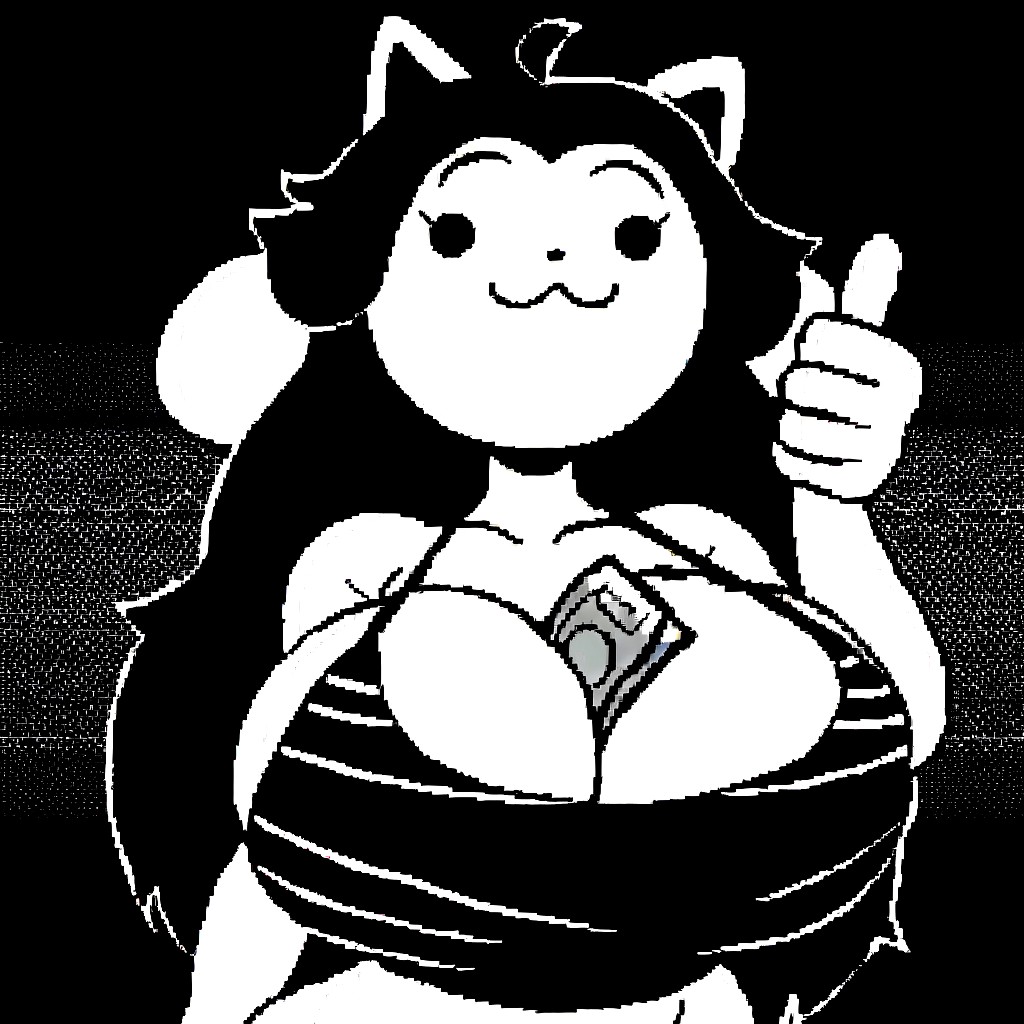1girl 1monster :3 ai_generated between_breasts black_background black_hair black_white cartoony cleavage furry furry_female large_breasts long_hair looking_at_viewer money money_between_breasts monochrome monster_girl no_color pixai pixel_art slim_waist solo striped_swimsuit swimsuit tagme temmie temmie_(undertale) thumbs_up undertale undertale_(series) upper_body white_fur white_skin