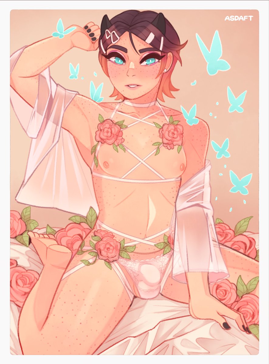 1nonbinary, ambiguous gender, asdaft, bed, black nail polish, blanket, blue eyes, bra, butterfly, choker, clove (valorant), dark hair, devil horns, earrings, femboy, femboy only, flower accessory, freckles, freckles on chest, freckles on face, freckles on shoulders, freckles on thighs, gradient hair, hair ornament, hair pin, kneeling, looking at viewer, male, male only, mascara, nail polish, nipples, nonbinary, nonbinary (lore), on bed, panties, raised arm, rose (flower), satin, see-through, see-through clothes, see-through clothing, spaghetti strap, valorant, white choker