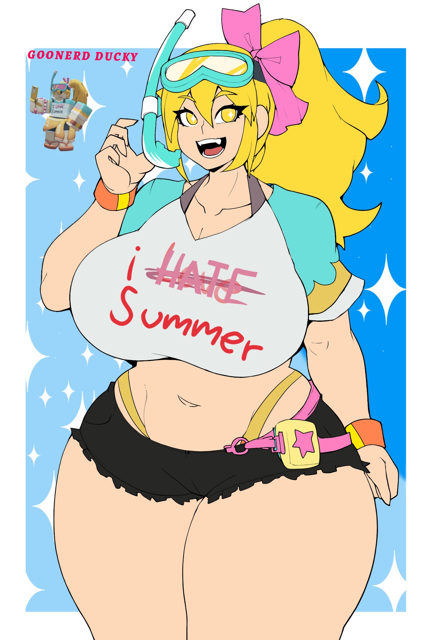 1girls, akita neru, big breasts, blonde hair, breasts, clothed, diamond-shaped pupils, fanloid, female only, flat colors, hacker (tds), large breasts, nerdly duck, reference image, roblox, roblox game, robloxian, tagme, thick thighs, tower defense simulator, yellow eyes, yellow hair
