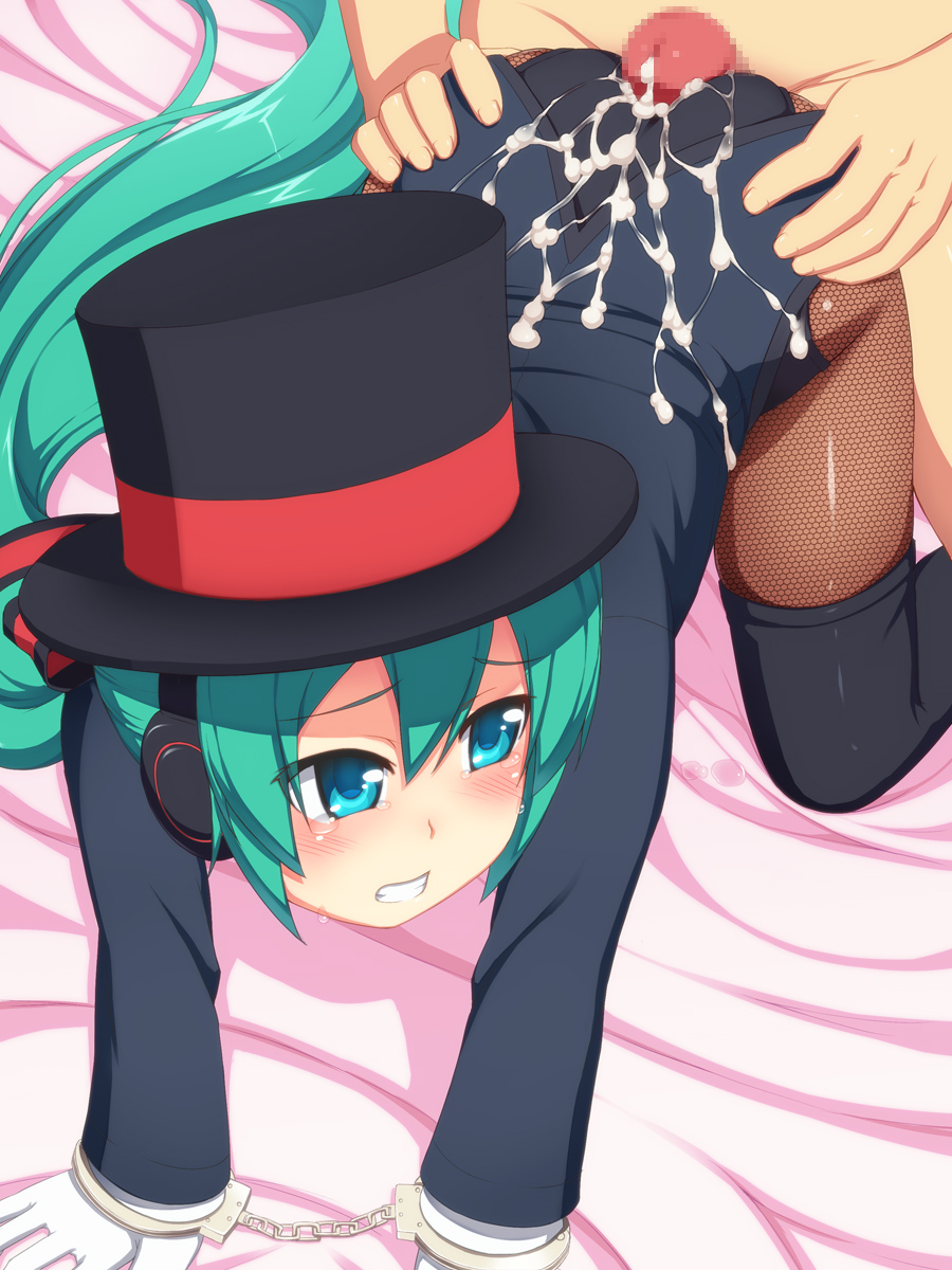 1boy, 1girl, all fours, aqua eyes, aqua hair, ass, assjob, blue eyes, blush, bondage, buttjob, censored, cuffs, cum, cum on ass, cum on body, cum on clothes, cum on lower body, doggystyle, female, fishnet legwear, fishnet stockings, fishnets, gloves, green hair, handcuffs, hat, hatsune miku, headphones, hetero, highres, huge ass, long hair, male, mosaic censoring, nude, pantyhose, penis, solo focus, tachimi (basue), tears, thighhighs, top hat, twintails, very long hair, vocaloid