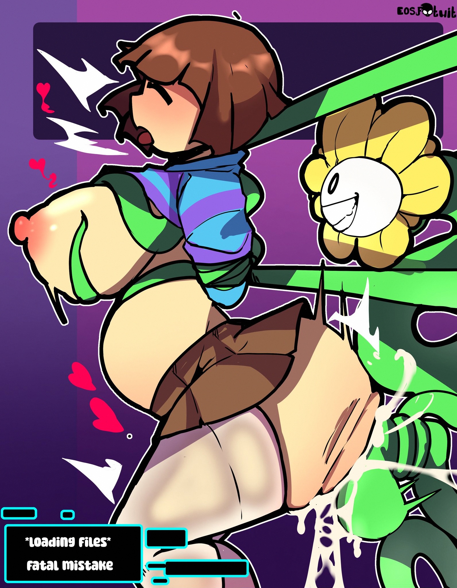 1boy, 1girls, ass, big ass, big breasts, big penis, breasts, brown hair, closed eyes, clothing, cum in pussy, english text, eosftwit, exposed breasts, female, flowey the flower, frisk, inflation, male, nipples, open mouth, penis, pussy, rape, sex, text, undertale, vines