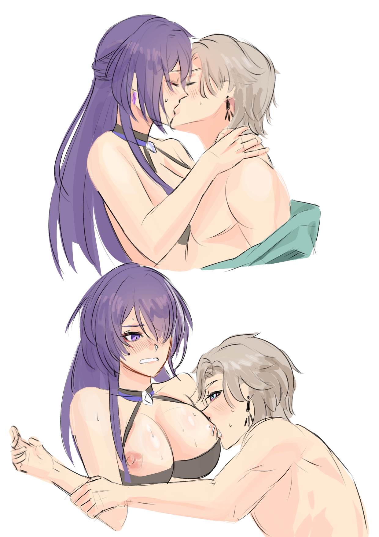 1boy, 1boy1girl, 1girls, 2d, 2d (artwork), acheron (honkai: star rail), aventurine (honkai: star rail), blonde hair, bra down, gnarlypzofbread, gritted teeth, holding arm, honkai (series), honkai: star rail, hoyoverse, kissing, long hair, looking at partner, medium breasts, mihoyo, multicolored eyes, partially clothed, purple eyes, purple hair, sucking breasts, sucking nipples