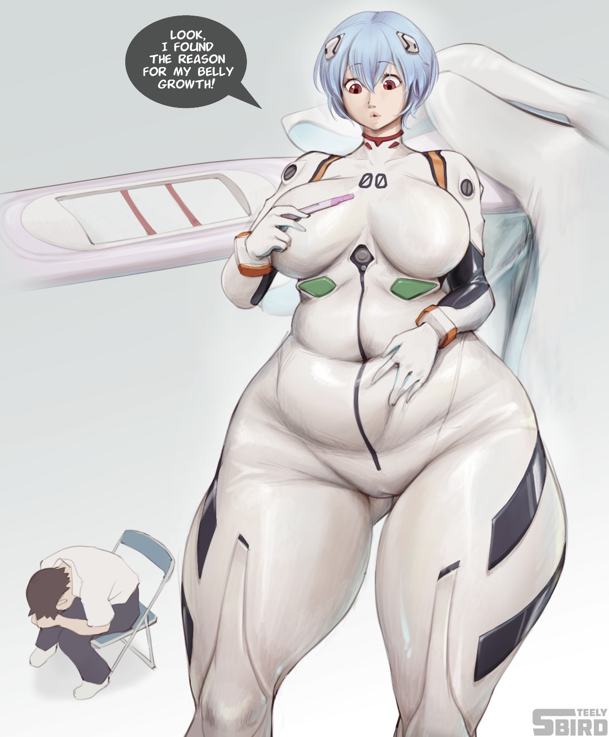 blue hair, chubby, neon genesis evangelion, no nudity, positive pregnancy test, pregnancy, pregnancy test, pregnant, pregnant female, rei ayanami, skintight bodysuit, skintight clothing, steely bird, taller female, thick thighs, touching belly, weight gain
