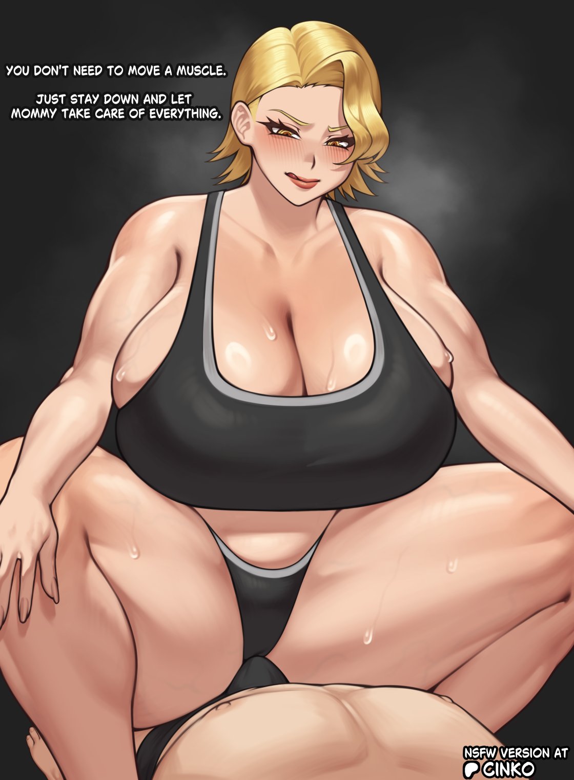 :q, 1boy, 1girls, bare shoulders, black panties, black shirt, blonde hair, blush, breasts, brown eyes, cinko, cleavage, collarbone, curvy, dialogue, dommy mommy, english text, erection, gigantic breasts, huge breasts, licking lips, looking down, mommy, mommy dom, mommy kink, mommydom, sazanami kuina, short hair, sideboob, straight, sweat, tanktop, text, thick, thick thighs, tougen anki, wholesome