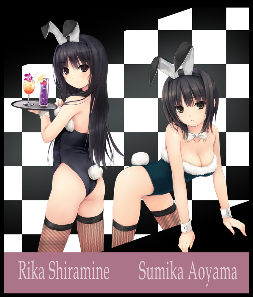 2girls animal_ears aoyama_sumika bare_shoulders black_hair bowtie breasts brown_eyes bunny_ears bunny_girl bunny_tail bunnysuit checkered cleavage cocktail coffee-kizoku cuffs drink fur-lined_clothes highres legwear long_hair multiple_girls pointy_chin purple_eyes shiramine_rika shoulder_length_hair tail thighhighs tray wrist_cuffs