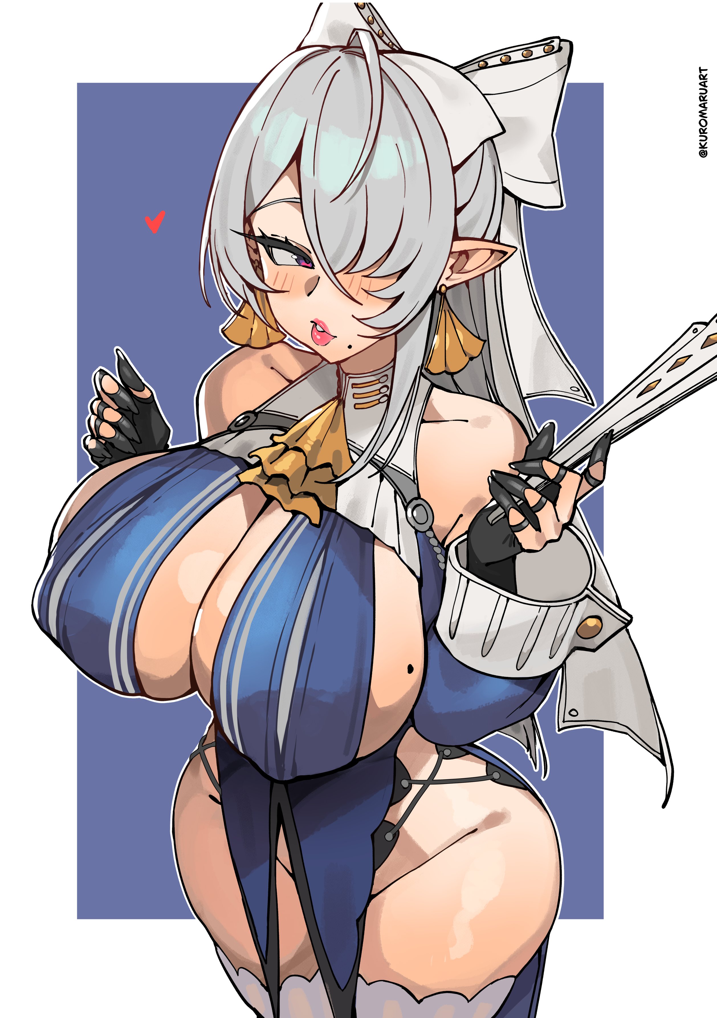 1girls, breasts, fan, female, female focus, female only, hair over one eye, huge breasts, kuromaruart, large breasts, light skin, light-skinned female, long nails, mole, mole on breast, mole under mouth, plump lips, pointy ears, solo, solo focus, thick thighs, thighhighs, thighs, velina (zenless zone zero), velina airgid, wide hips, zenless zone zero