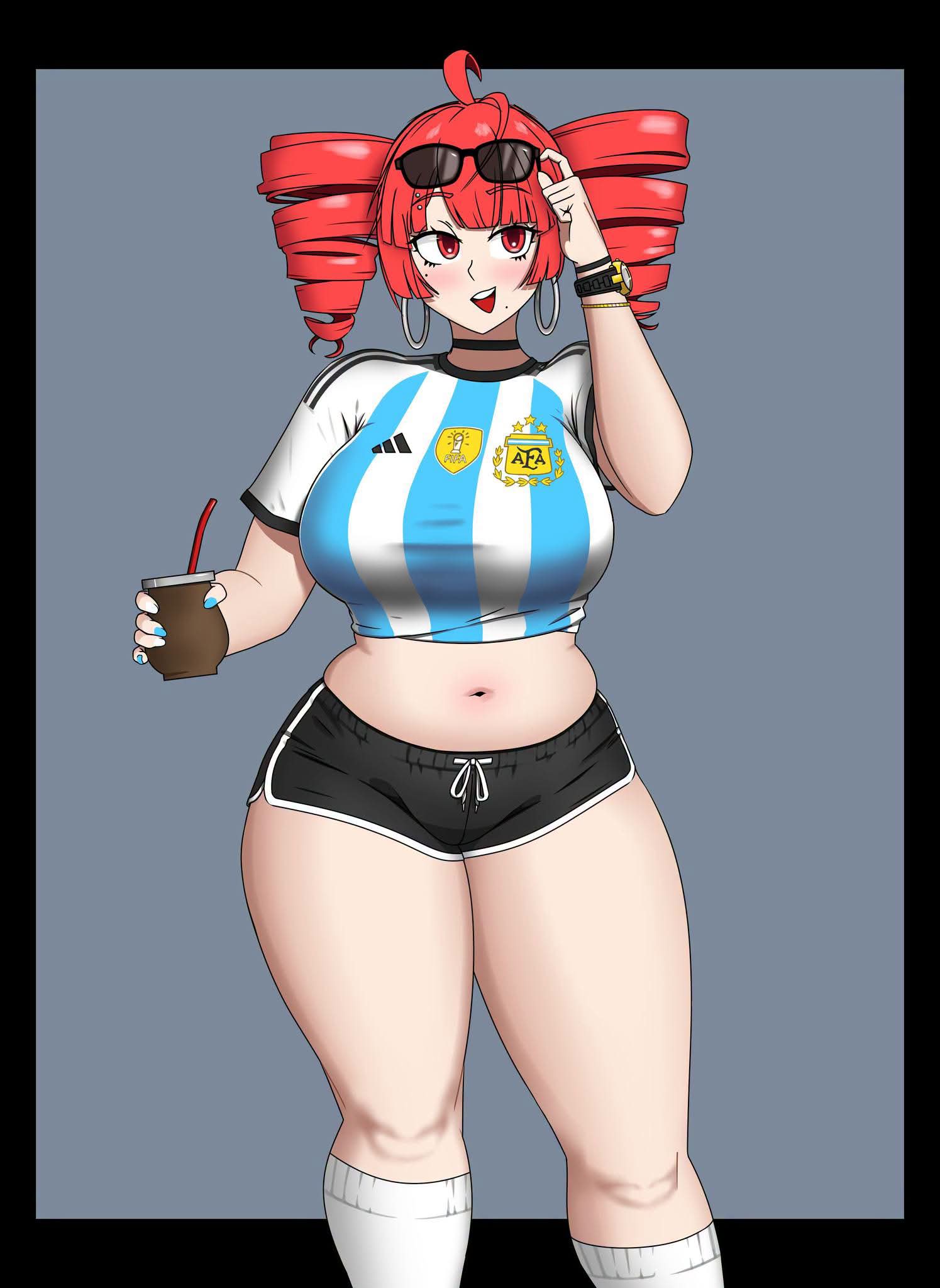1girl, argentina, argentina jersey, chubby, chubby female, curvaceous female, curvy, curvy female, curvy figure, girl, hips, kasane teto, mate, teto, utau