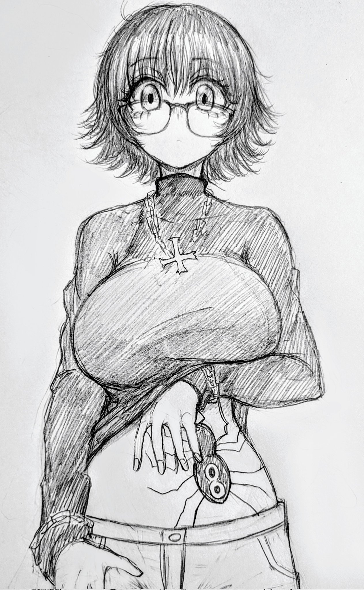 1girl, 1girls, big breasts, breasts, collarbone, cross, cross necklace, female, female focus, glasses, greyscale, hunter x hunter, jewelry, looking at viewer, medium hair, monochrome, necklace, pakupaku (9fnfniz81owpbzp), pants, shizuku murasaki, solo, solo female, spider tattoo, standing, stomach tattoo, sweater, tattoo