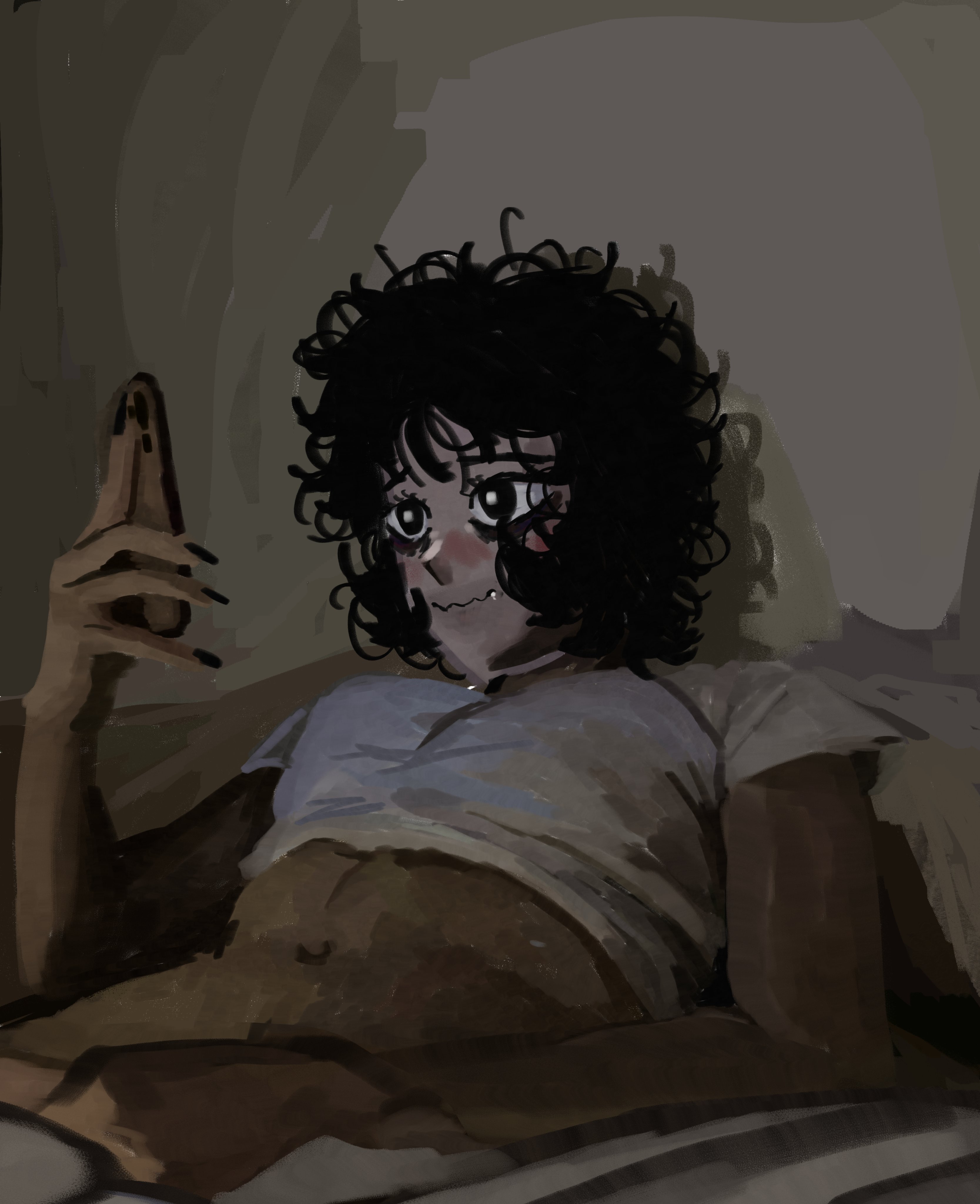 1girls, casato, crooked smile, ellie (casato), hand between legs, in bed, phone, suggestive