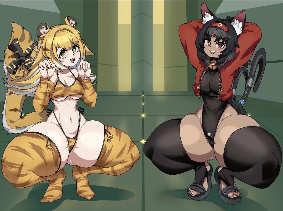 2girls arms_up bikini black_hair blonde_female blonde_hair captain_kirb captain_kirb_(sfw) cat_ears cat_tail catbell catgirl dark-skinned_female dark_skin detached_sleeves exposed_torso jacket ju_fufu ju_fufu_(zenless_zone_zero) leotard light-skinned_female light_skin mouth_open nekomiya_mana presenting seductive seductive_pose sleeves spread_legs squatting thighhighs tiger tiger_ears zenless_zone_zero