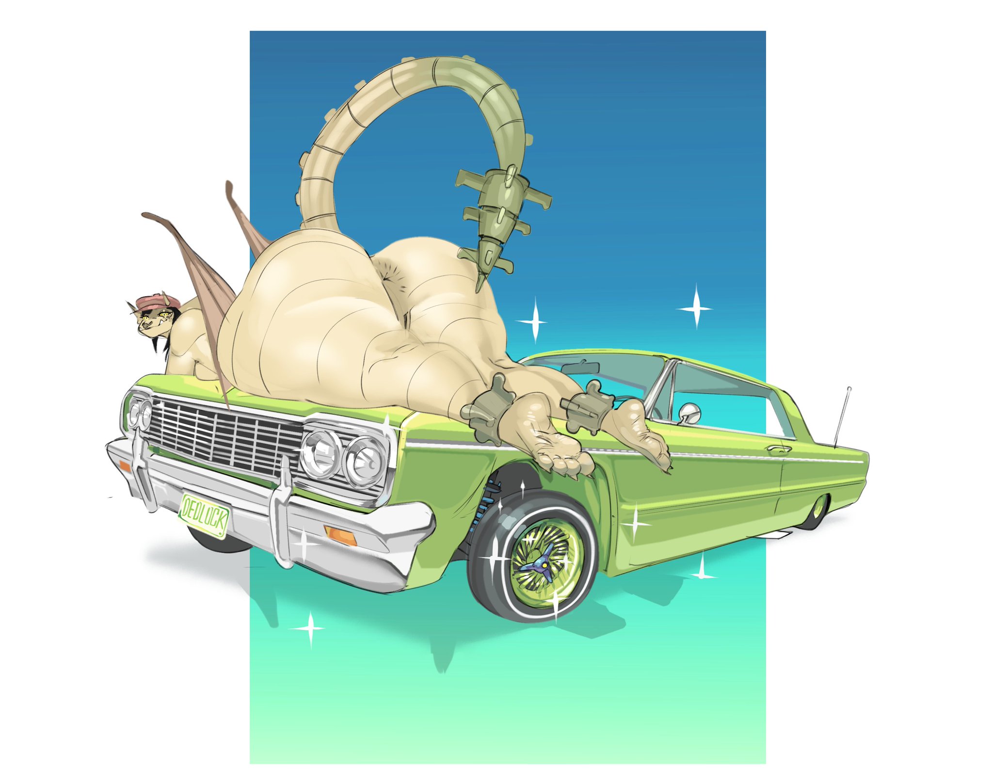 1girls, anthro, anus, ass, ass focus, big ass, deadlock, fangs, gargoyle, green car, hat, horns, ivy (deadlock), large ass, laying on stomach, looking back, nose piercing, nude, pussy, quattrant, septum piercing, smiling, tail, vehicle, wings