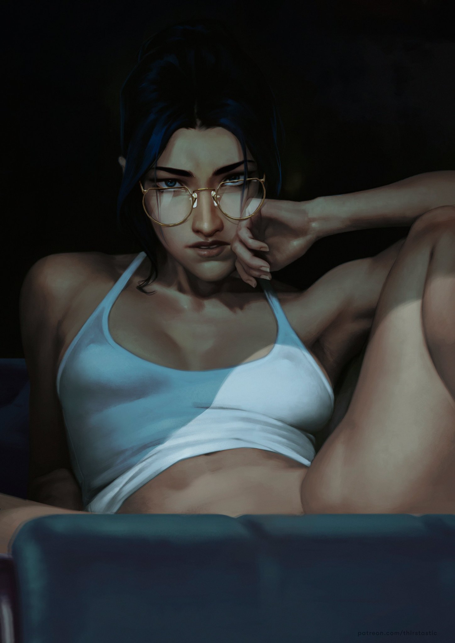 1girls, arcane, arcane caitlyn, armpit, artist name, big breasts, bottomless, caitlyn (league of legends), caitlyn kiramman, color, colored, convenient censoring, convenient censorship, dima ivanov, female, female only, glasses, league of legends, legs apart, legs spread, light skin, light-skinned female, long hair, looking at viewer, nipples visible through clothing, partially clothed, partially clothed female, ponytail, purple hair, solo, solo female, tank top, tank top only, thick thighs, thirstastic, tooth gap