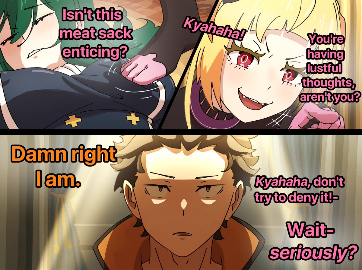 1boy, 2girls, 2girls1boy, big breasts, blonde hair, capella emerada lugunica, comic, crusch karsten, deadpan, dialogue, green hair, humor, mayngomay, natsuki subaru, nipple bulge, nipples visible through clothing, re:zero kara hajimeru isekai seikatsu, stepping on breast, text, turned on