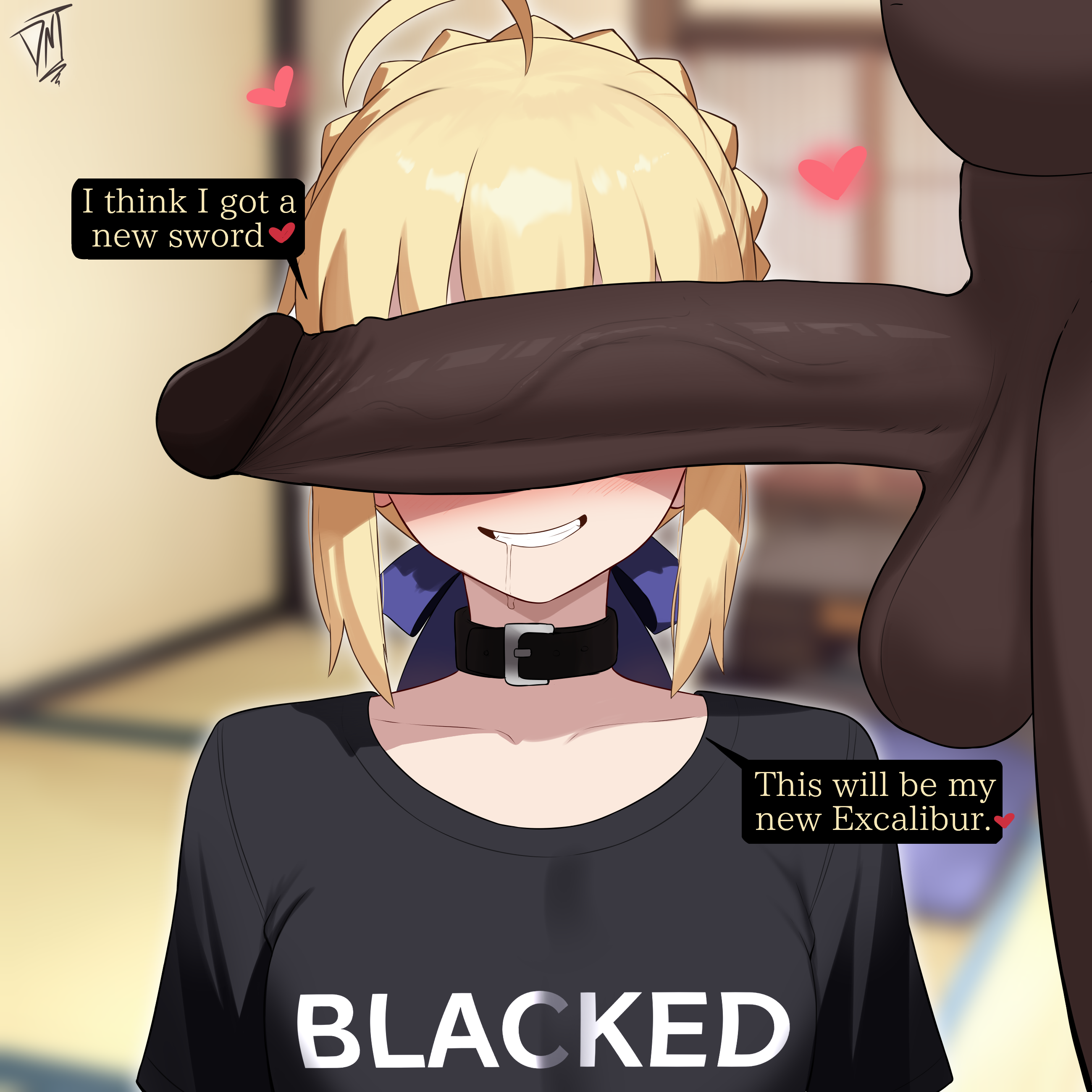 artoria pendragon, artoria pendragon (fate), big balls, big penis, black shirt, blacked, blacked clothing, blonde, blonde hair, blonde-haired female, cant see the haters, choker, clothed female nude male, collar, cuckold, cuckold pov, dark skin, dark-skinned male, dog collar, dominant, drooling, fat male, fate (series), fate/stay night, huge cock, interracial, lord dante, lorddantesito, medium breasts, netorare, ntr, penis, penis awe, penis covering eyes, penis over eyes, saber, saliva drip, smug, smug smile, submissive, submissive female, uncensored