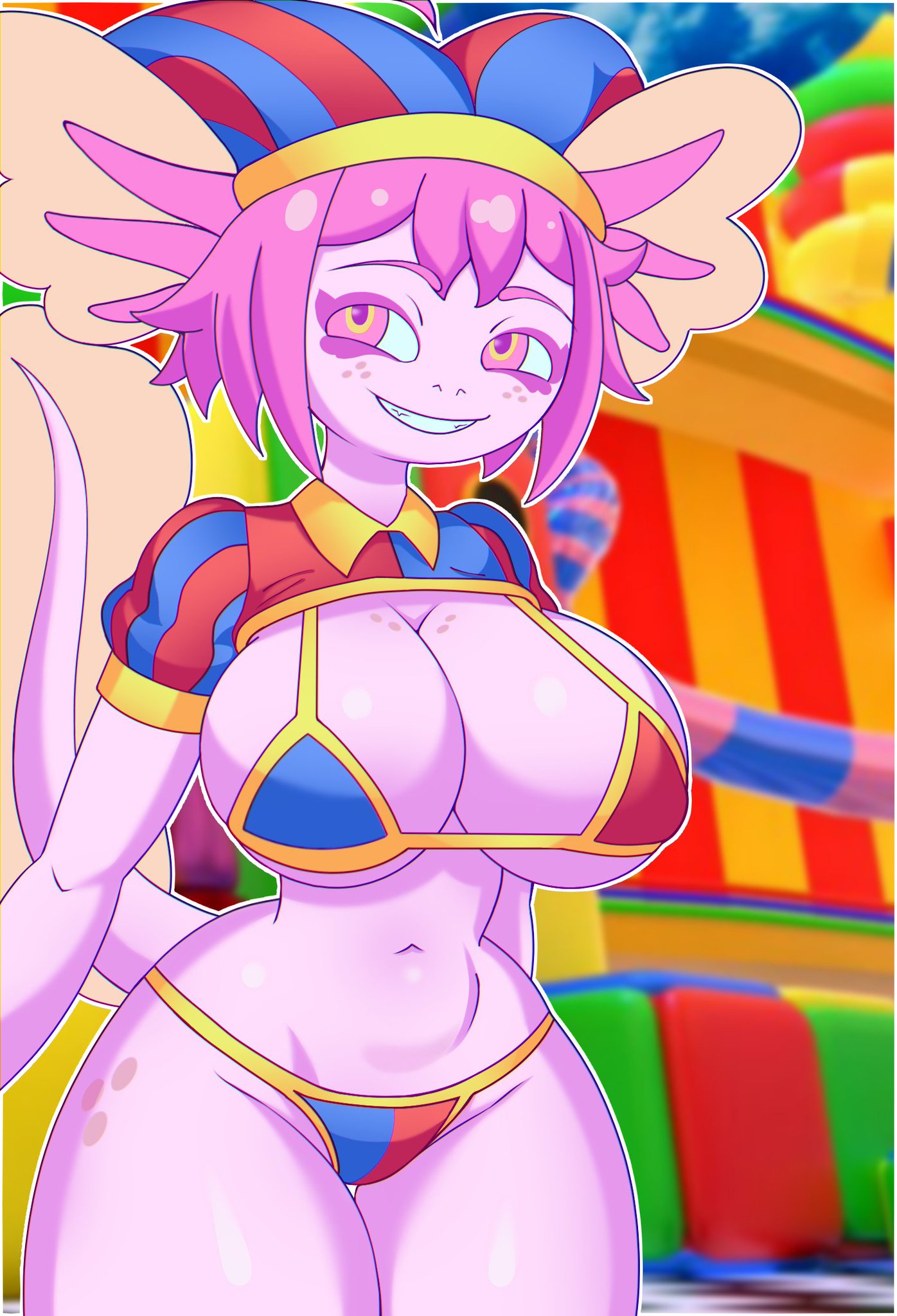 anthro axolotl axolotl_girl big_breasts bikini circus color female_only freckles hi_res long_tail looking_at_viewer ojito_art pink_body pink_eyes pink_hair pomni_(cosplay) sexy_body smiling_at_viewer solo_female tall tall_female the_amazing_digital_circus thick_thighs vitzy_(vitzypie) voluptuous_female wide_hips