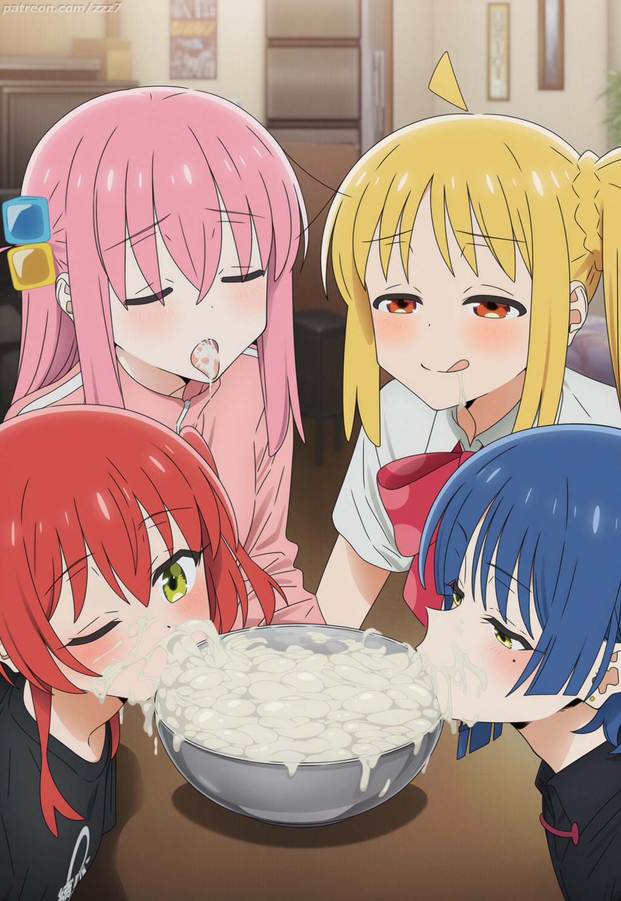 4girls, ai generated, aroused, blush, bocchi the rock!, bowl, cum eating, cum in bowl, cum in mouth, eating cum, flustered, gokkun, gotou hitori, horny, ijichi nijika, indoors, kita ikuyo, licking lips, lustful gaze, multiple girls, sluts, watermark, worship, yamada ryou, zzz7