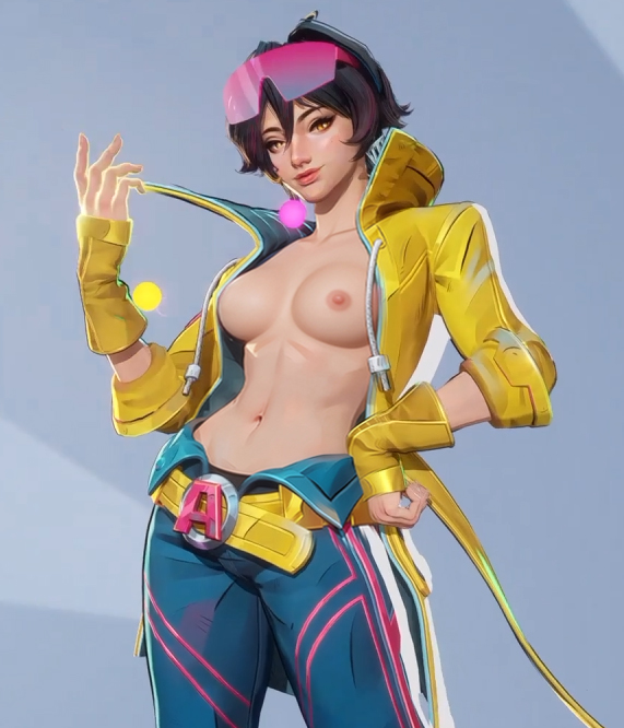 1girls, 3d, big breasts, breasts, breasts out, edit, female, female only, jubilation lee, jubilee, jubilee (marvel rivals), marvel, marvel rivals, navel, official art, solo, topless, x-men