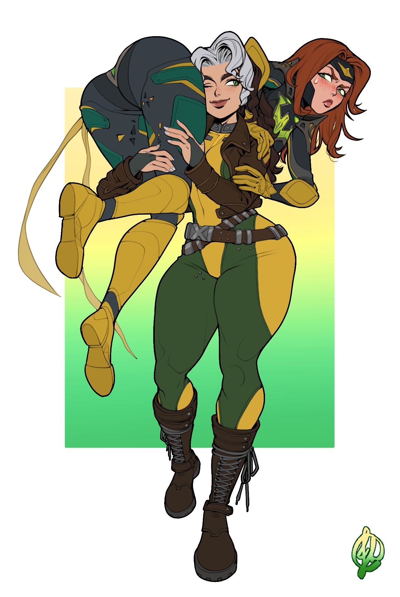 2girls anna_marie annoyed arista_leal artist_signature artista_leal ass_focus belt blush boots brown_hair carrying freckles grayscale jean_grey large_ass long_hair marvel marvel_rivals multicolored_hair mutant_(marvel) phoenix_(marvel_rivals) phoenix_(x-men) red_hair rogue_(marvel_rivals) rogue_(x-men) sash simple_background smile sweatdrop thick_thighs white_hair wholesome wide_hips x-men yuri