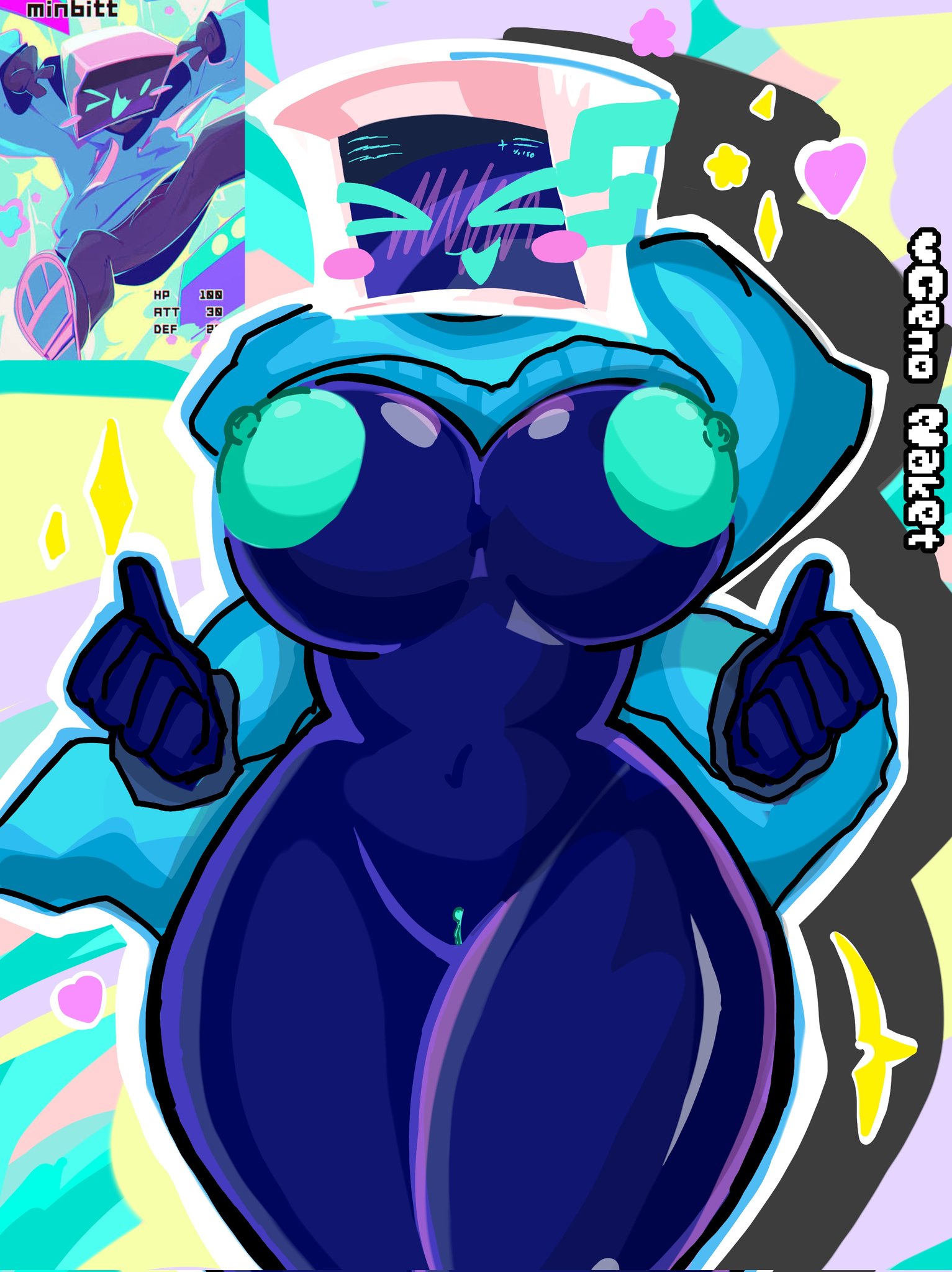 anthro, areolae, artist name, closed eyes, color, computer, computer head, dark blue body, female only, geno naket, happy female, hi res, huge breasts, minbitt, nipples, pussy, sweater, thick thighs, voluptuous, wide hips, youtube, youtuber
