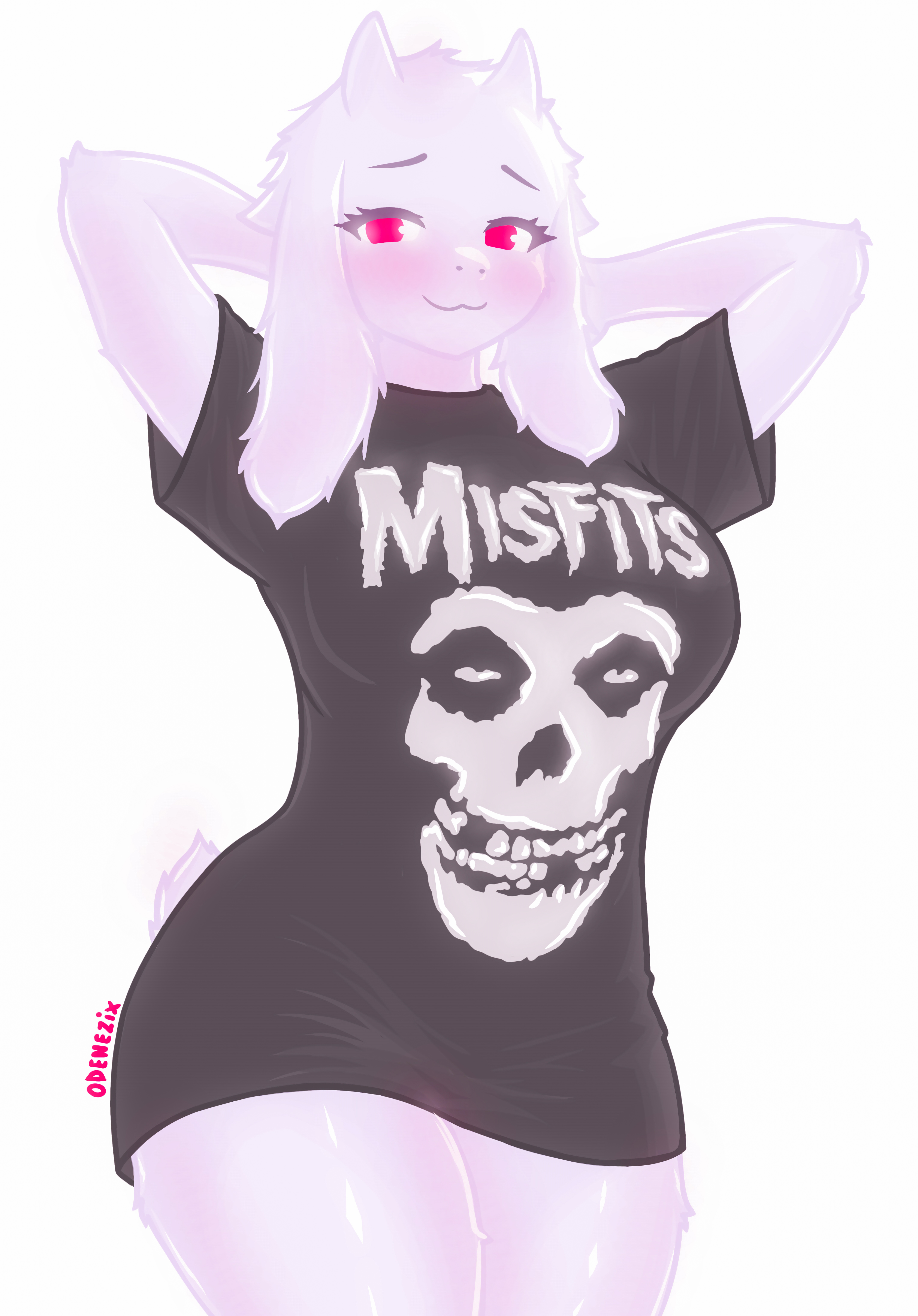 big breasts, cute, female, female only, fur, odenezix, red eyes, shirt, simple background, t-shirt, tagme, text on shirt, toriel, undertale, white fur