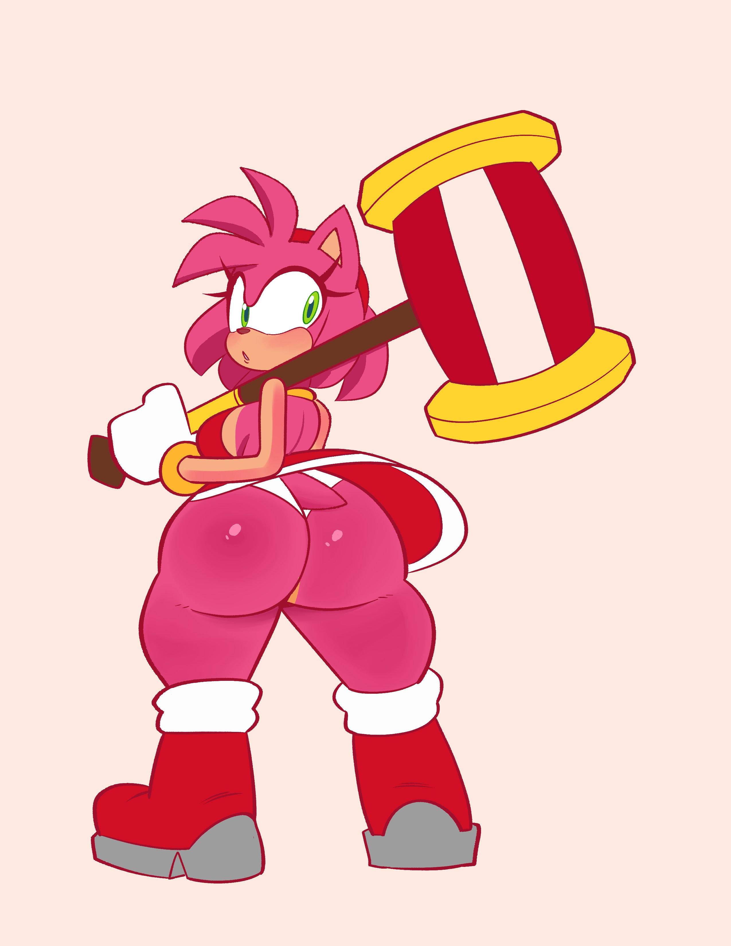 1girls, amy rose, anthro, ass, big ass, boots, bubble butt, clothing, dress, fat ass, female, female only, furry, furry only, hammer, hedgehog, huge ass, large ass, looking at viewer, looking back, monamania, panties, piko piko hammer, solo, sonic (series), sonic the hedgehog (series), thick ass, thick thighs, weapon, wide hips