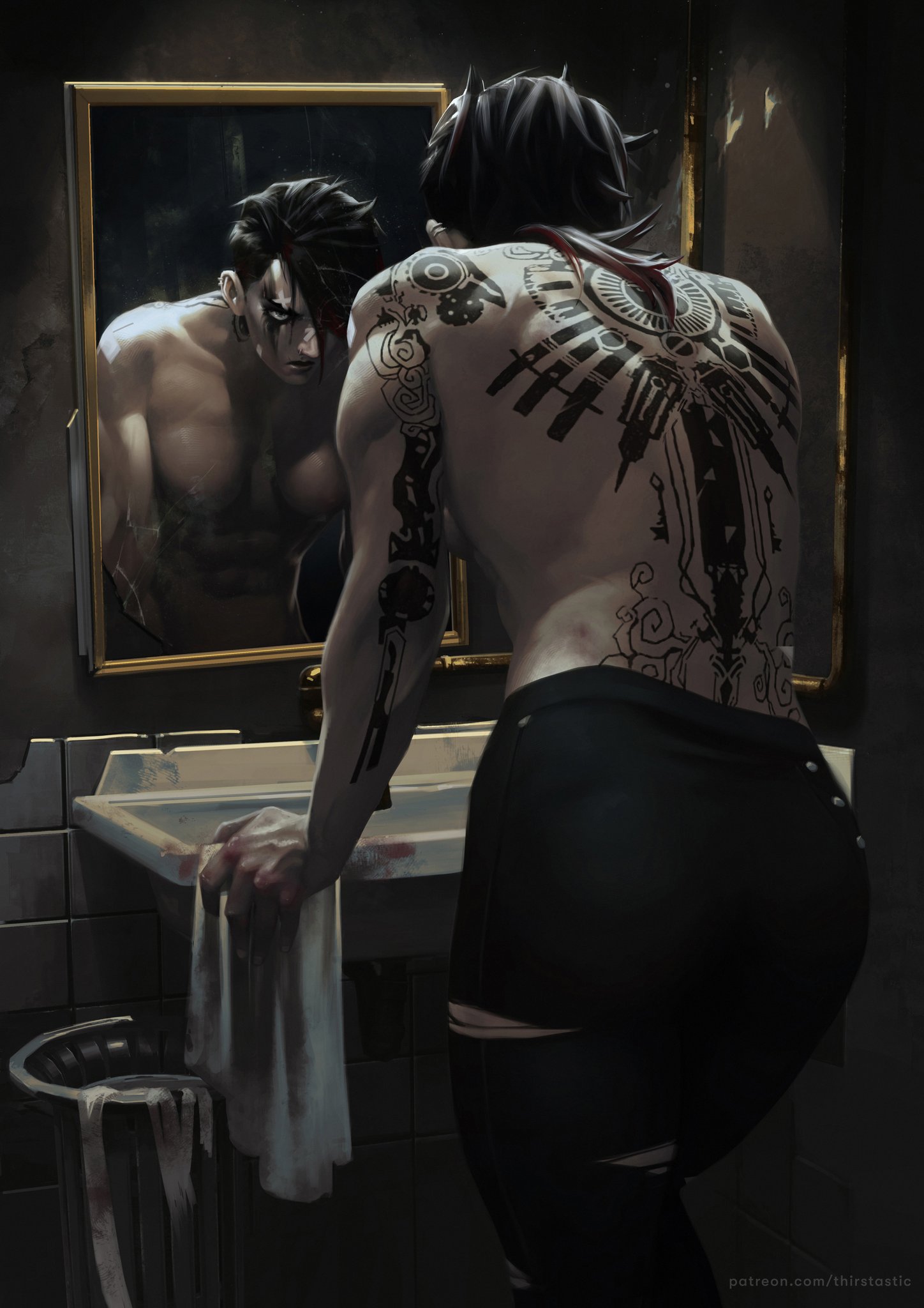 1girls, abs, arcane, arcane brawler vi, arcane vi, artist name, back muscles, back tattoo, bandage, bandage on face, bandage on nose, big ass, black hair, breasts apart, color, colored, dima ivanov, dyed hair, ear piercing, earrings, eye makeup, female, female only, league of legends, leaning forward, light skin, light-skinned female, looking in mirror, medium breasts, mirror, mirror reflection, muscular, muscular arms, muscular back, muscular chest, muscular female, neck tattoo, nonsexual nudity, nose piercing, partially clothed, partially clothed female, ripped pants, ruined makeup, scar on face, scars, scowl, solo, solo female, stocky, tattoo, tattoo on arm, tattooed arm, tattoos, thirstastic, topless, topless female, vi, vi (league of legends)
