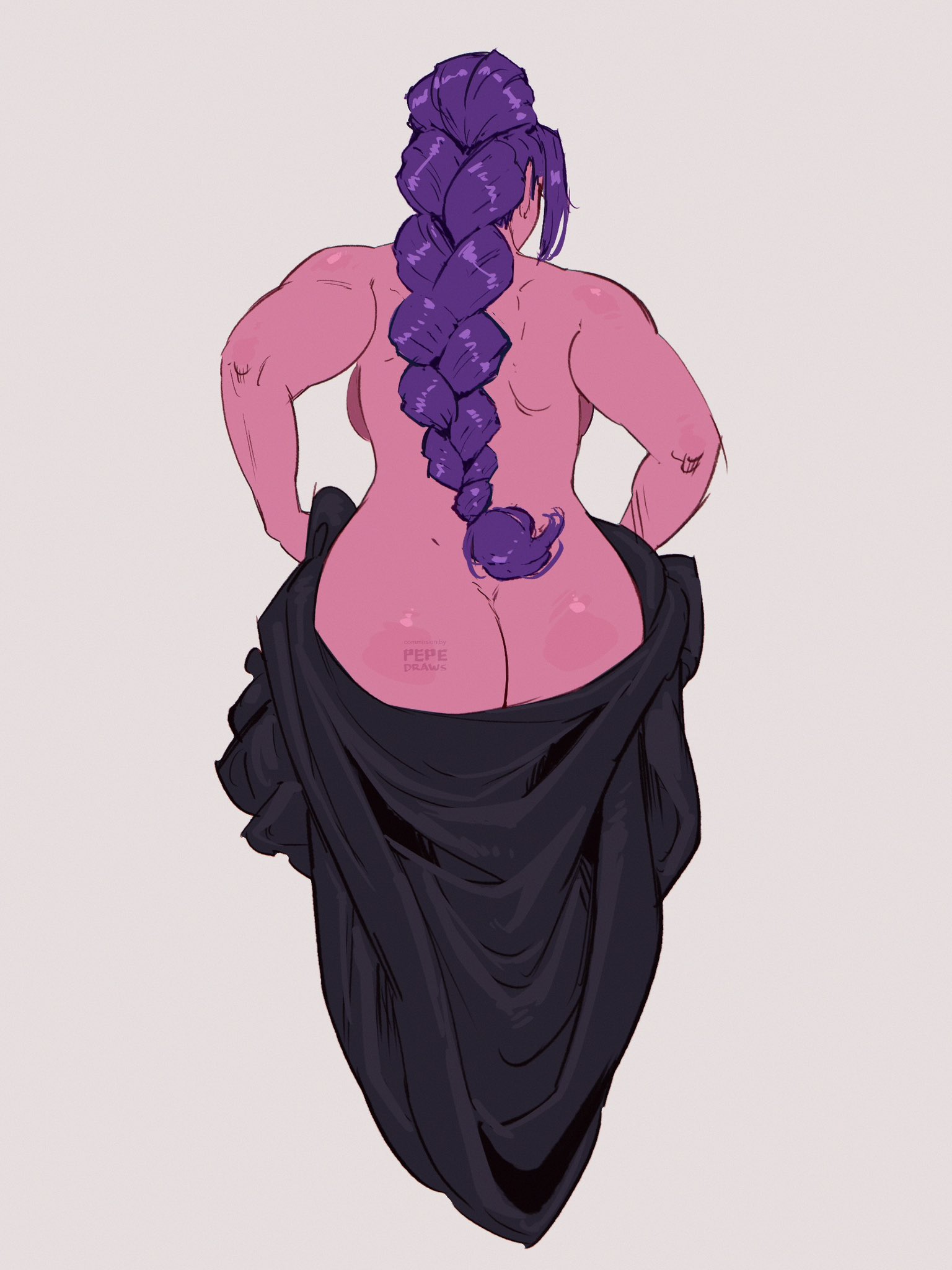 artistic nude, ass, ass focus, back, back view, backboob, big ass, big butt, braid, braided hair, braided ponytail, breasts, butt, female, female only, kpop demon hunters, nonsexual, nonsexual nudity, nude, nude female, pepedraws, pink body, pink skin, pink skinned female, purple hair, rumi (kpop demon hunters), solo, solo female, tasteful nudity, thick ass, topless, topless female, undressing, undressing self