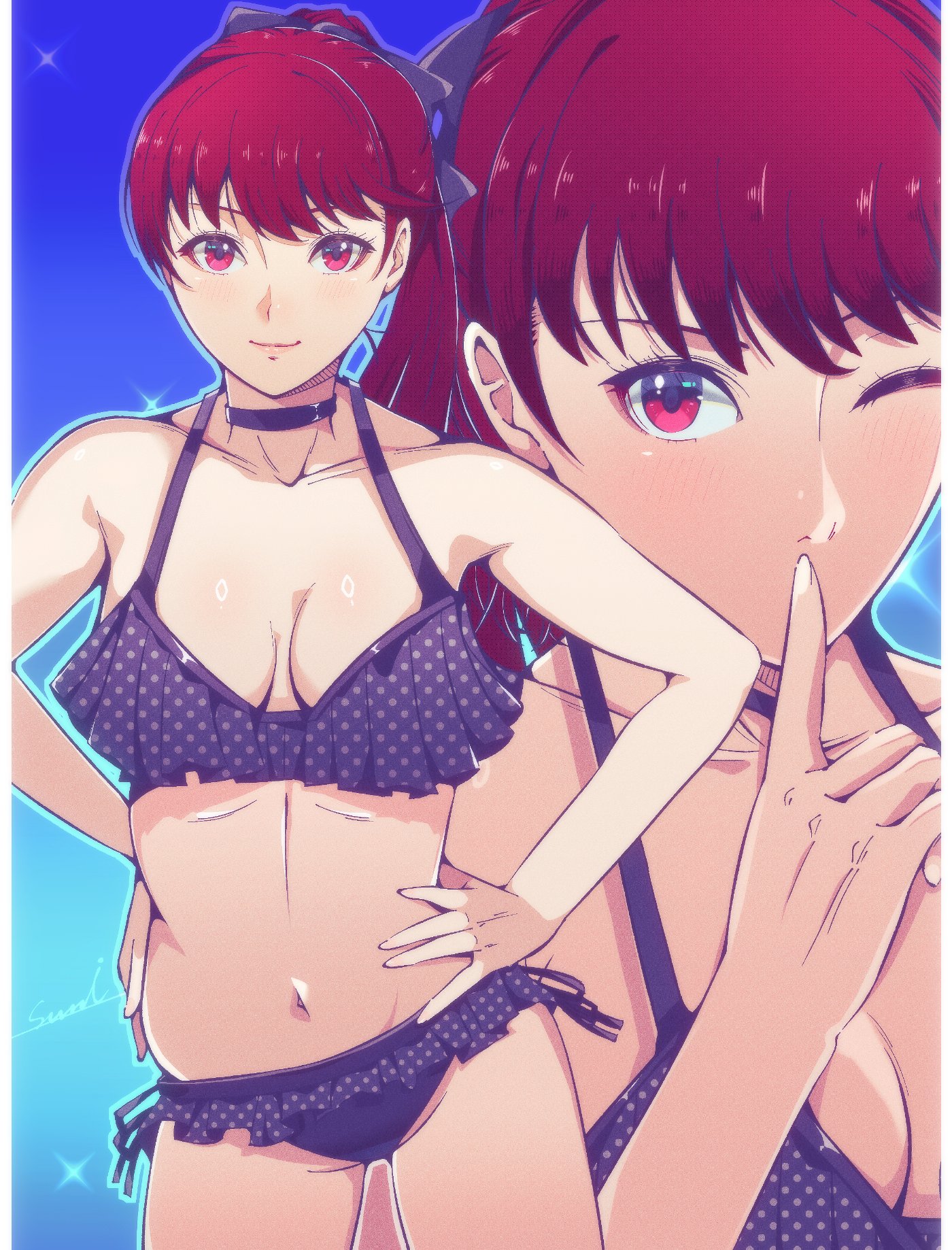 1girl, bikini, black bikini, black choker, breasts, choker, cleavage, commentary request, corner50777313, cowboy shot, different zoom layer, highres, kasumi yoshizawa, long hair, looking at viewer, medium breasts, megami tensei, navel, one eye closed, persona, persona 5, persona 5 the royal, ponytail, red eyes, red hair, sega, smile, solo, sumire yoshizawa, swimsuit, yoshizawa kasumi, zoom layer