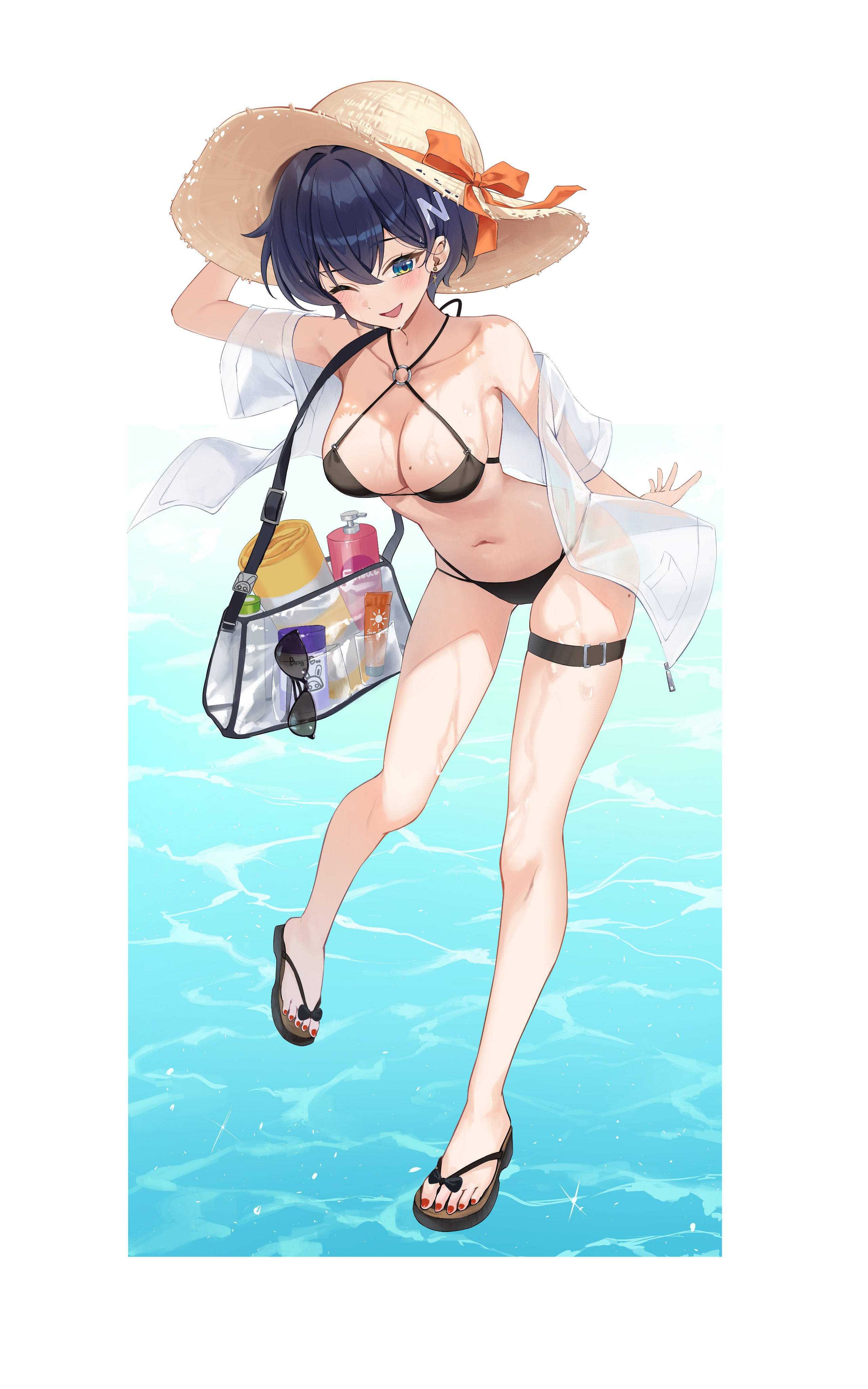 1girl, absurdres, alternate costume, bag, belle (zenless zone zero), bikini, black bikini, black sandals, blue hair, blush, breasts, collarbone, commentary, earrings, english commentary, hand up, hat, highres, jewelry, kimae, large breasts, mole, mole on breast, navel, o-ring, o-ring bikini, one eye closed, painted toenails, pillarboxed, red nails, red toenails, sandals, short hair, solo, stomach, straw hat, sunglasses, swimsuit, swimsuit cover-up, thigh strap, transparent bag, zenless zone zero