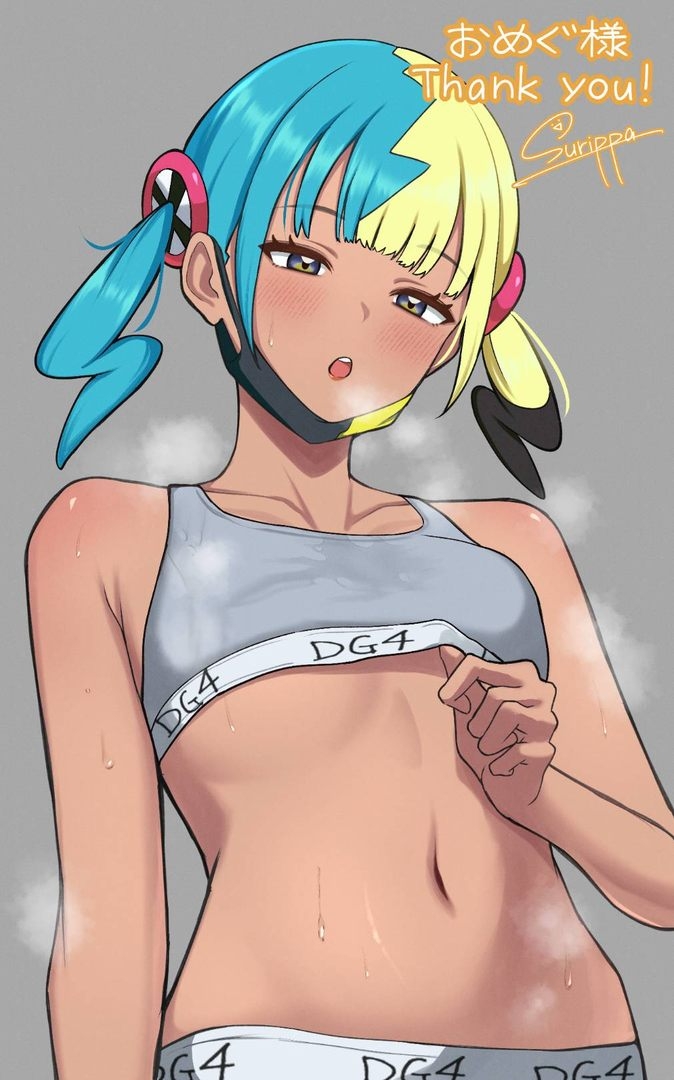 belly, belly button, blonde hair, blue eyes, blue hair, canari (pokemon), canary (pokemon), female, female focus, female only, female torso, flat chest, midriff, navel, pokemon, pokemon legends: z-a, small breasts, sports bra, sportswear, steam, steaming body, steamy breath, stomach, surippa1010, sweat, sweatdrop, sweating, sweaty, two-tone hair, yellow hair