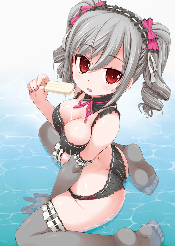 ass ass_cleavage bakutendou bikini bow breasts butt_crack cleavage drill_hair elbow_gloves feet from_above gloves grey_hair hairband hairbow huge_ass idolmaster idolmaster_cinderella_girls kanzaki_ranko long_hair no_shoes red_eyes soles swimsuit thick_thighs thighhighs thighs toes twin_drills water