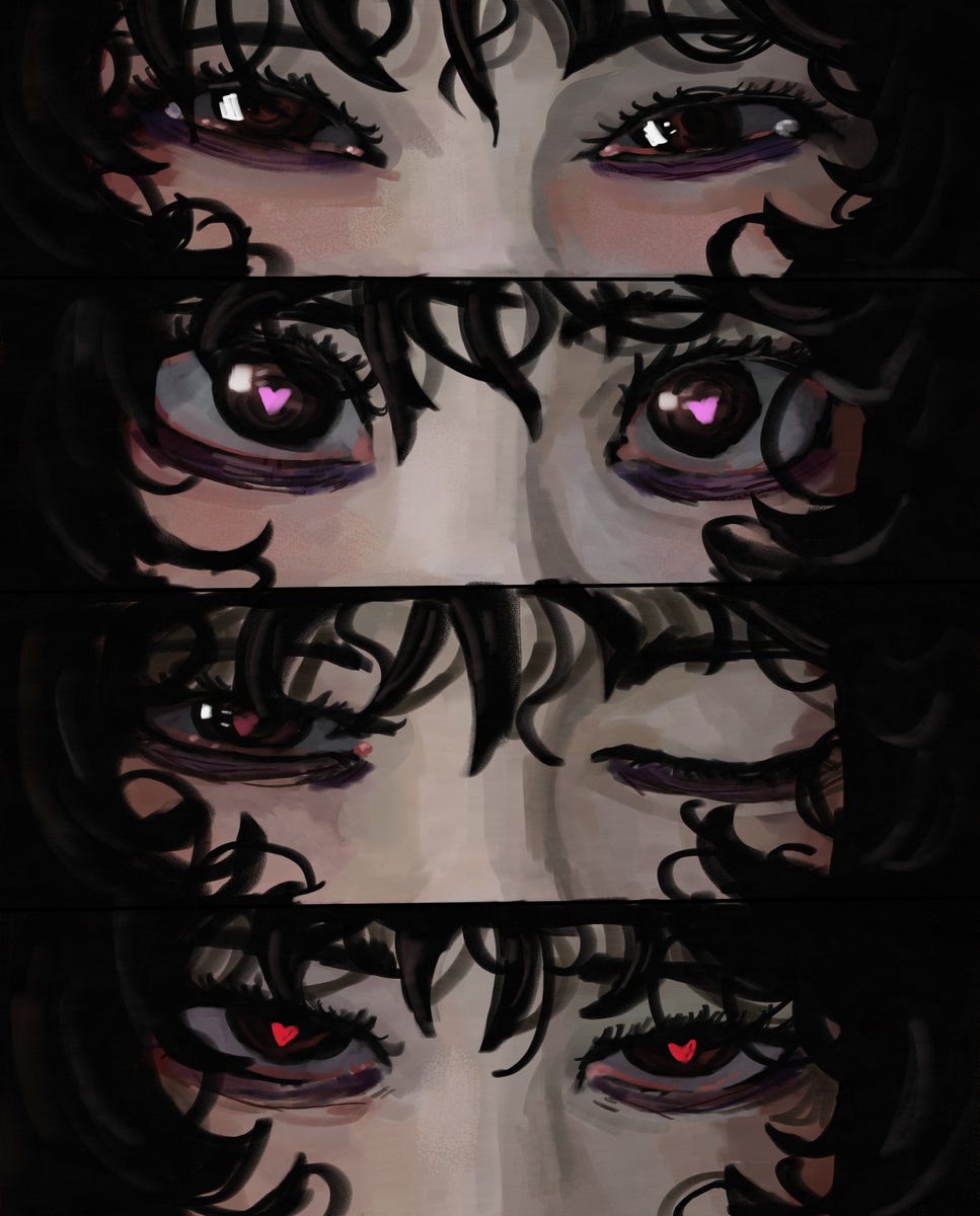 bangs, casato, curly hair, cute expression, dark hair, ellie (casato), eye focus, female, heart eyes, horny expression, unusual pupils