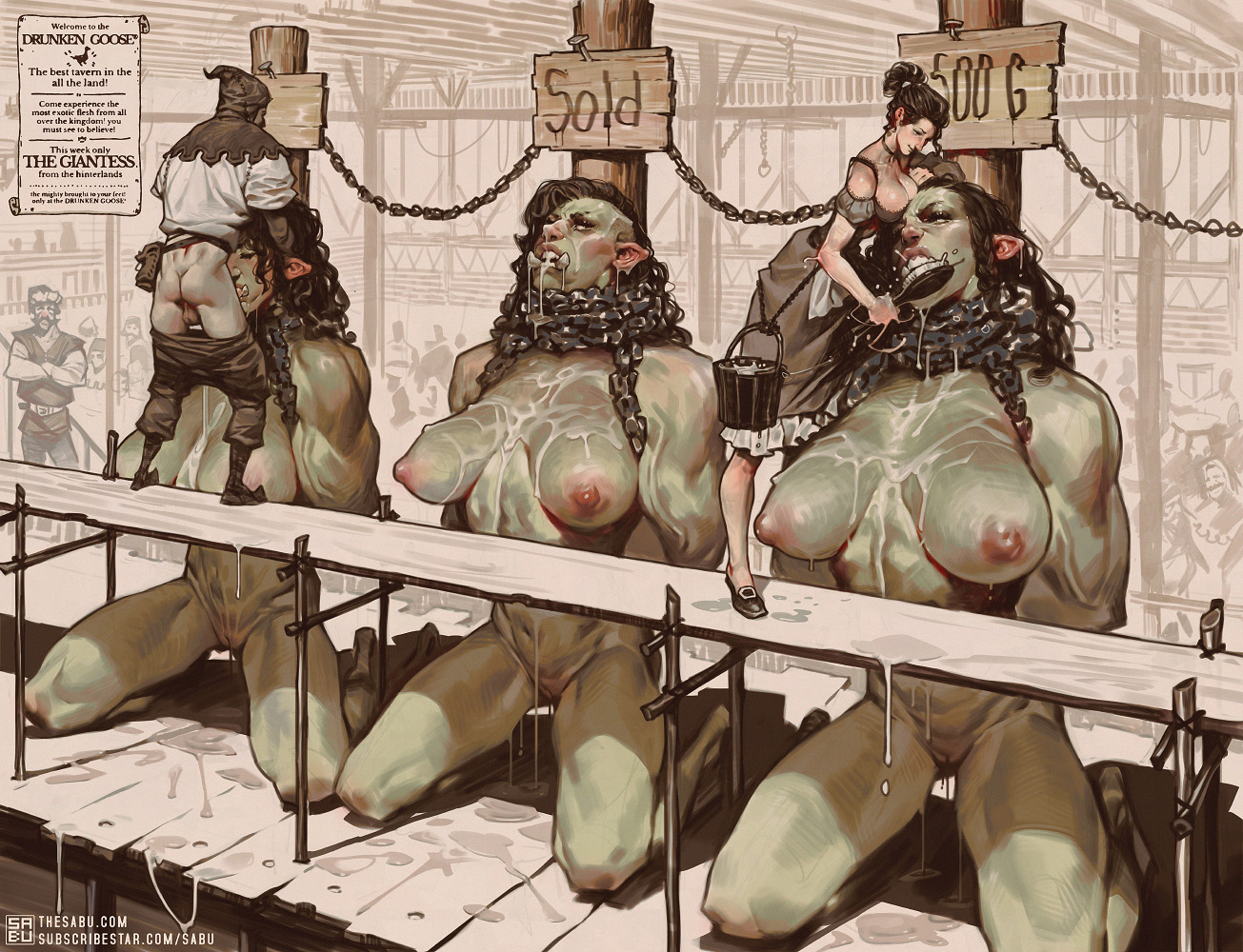 1boy, 2d, 4girls, after sex, big breasts, breasts, chain, chained, chains, covered in cum, cum, cum drip, cum dripping, cum in mouth, cum on body, cum on face, fantasy, fellatio, female, femsub, forced, forced oral, giantess, giantess fellatio, green body, green skin, huge breasts, human, human dominating, human dominating humanoid, human female, human male, humanoid, interracial, large breasts, large female, larger female, male, maledom, mini giantess, muscles, muscular, muscular female, oral, oral penetration, oral sex, orc, orc female, original, processing, rape, raped, rapist human, rapist male, sabudenego, sex, size difference, slave market, small dom big sub, tagme, tied, tied hands, tied up, victim female, victim orc