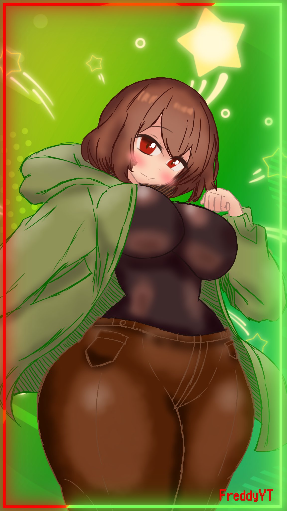 1girls 2d blush breasts chara clothed clothed_female clothing color female female_focus female_only freddyyt200 fully_clothed green_clothing green_hoodie hoodie large_breasts red_eyes slight_blush solo solo_female storyshift storyshift_chara tagme thick_thighs undertale undertale_(series)