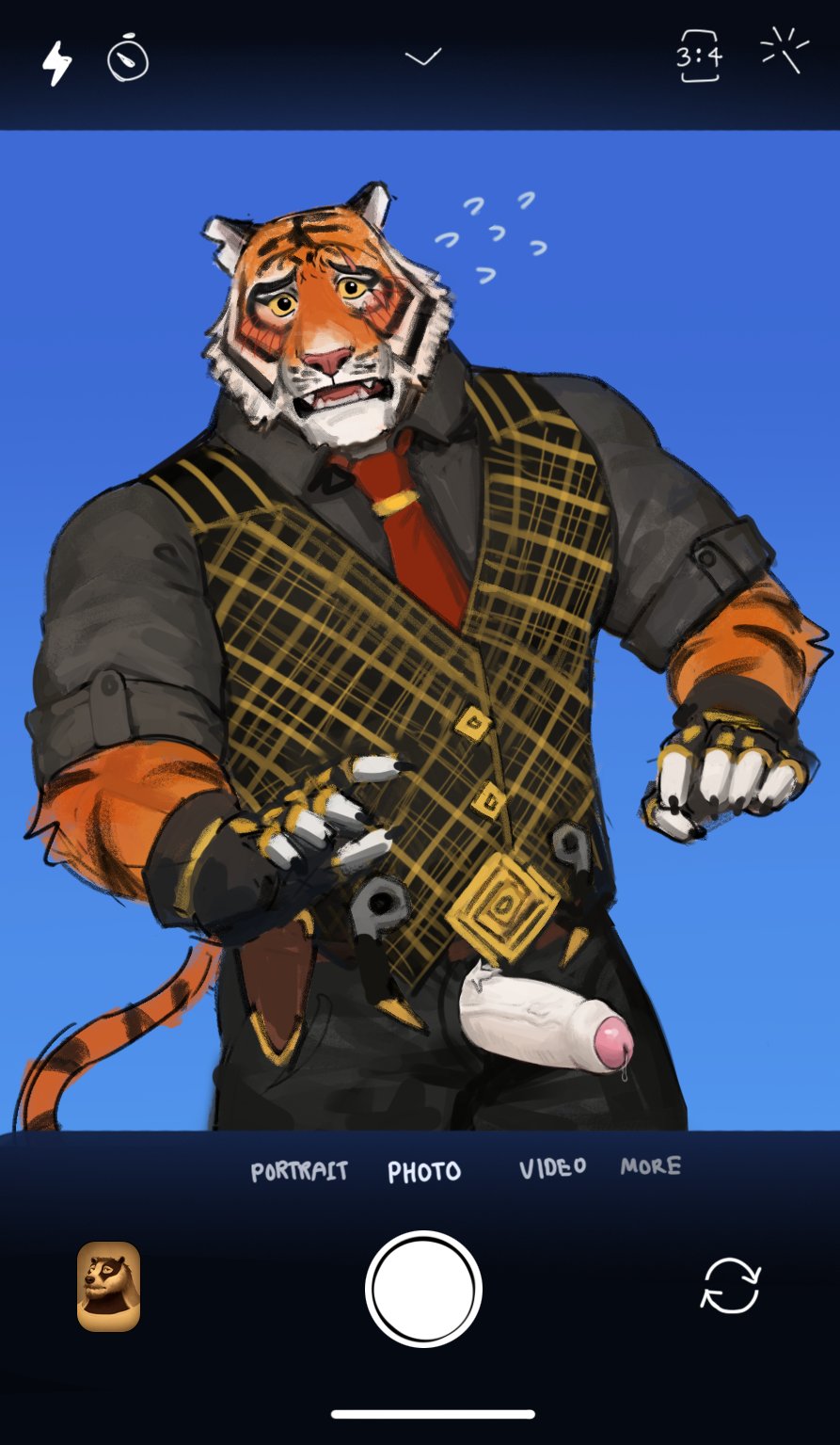 1boy animal_ears bara blush erection flying_sweatdrops foreskin fortnite furry furry_male gloves highres looking_at_viewer male_focus male_only mature_male muscular muscular_male open_fly orange_fur oscar_(fortnite) pectorals precum short_hair shy solo thick_eyebrows tiger_boy tiger_ears uncensored viewfinder white_fur yeshh_(y3shh)