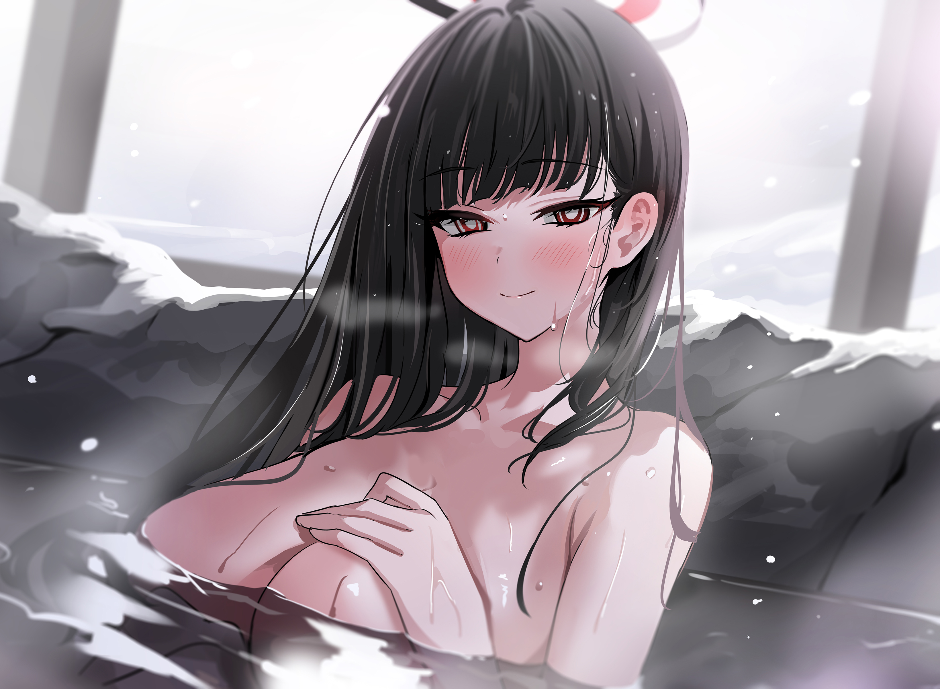 1girls, black hair, blue archive, blush, blush lines, blushing at viewer, breasts, female, female focus, female only, halo, hot spring, huge breasts, light skin, light-skinned female, long hair, looking at viewer, millennium science school student, naked, naked female, onsen, partially submerged, red eyes, rio (blue archive), seminar (blue archive), smile, smiling, smiling at viewer, tagme, water, yuki (asayuki101)
