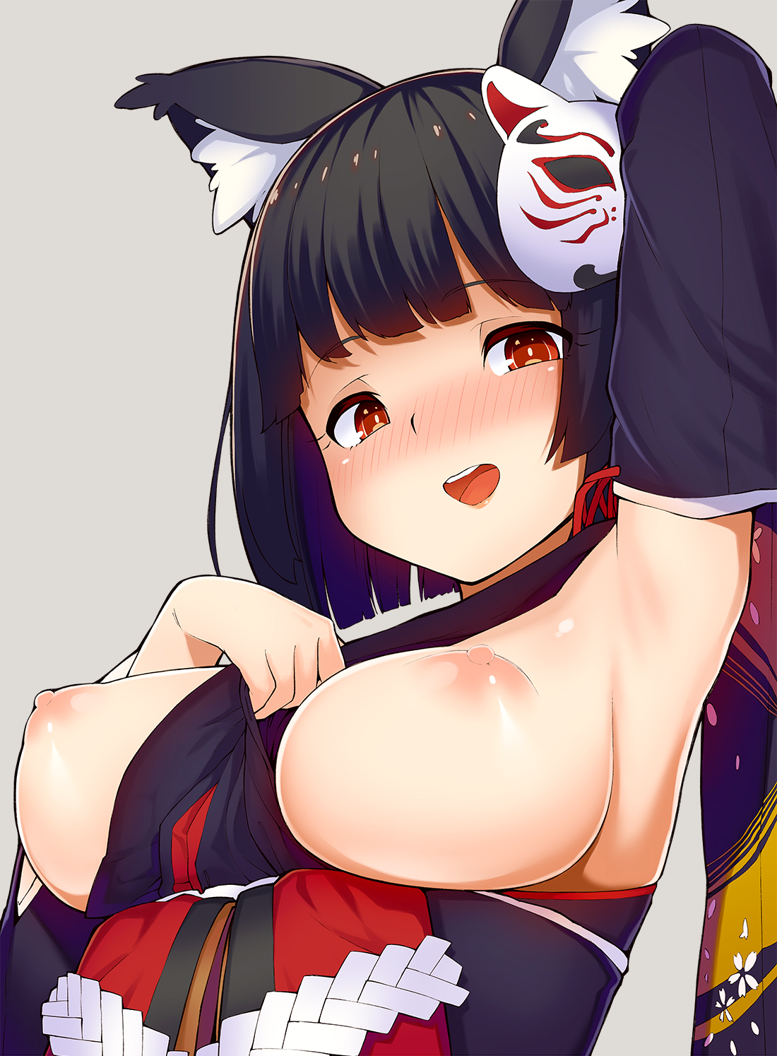 animal ears, arm behind head, armpit fetish, armpit peek, armpits, azur lane, bangs, between breasts, black hair, breasts, breasts out, cat ears, eyebrows visible through hair, female, grey background, highres, japanese clothes, kimono, large breasts, looking at viewer, mask, mask on head, nipples, no bra, obi, open mouth, pink lips, red eyes, sash, short hair, smile, solo, tear tear0320, yamashiro (azur lane)