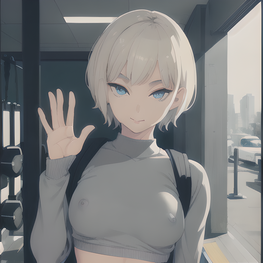 1girls ai_generated blue_eyes croptop female grey_clothing looking_at_viewer mature mature_female nipple_bulge nipples_visible_through_clothing short_hair stable_diffusion sweater waving waving_at_viewer white_hair