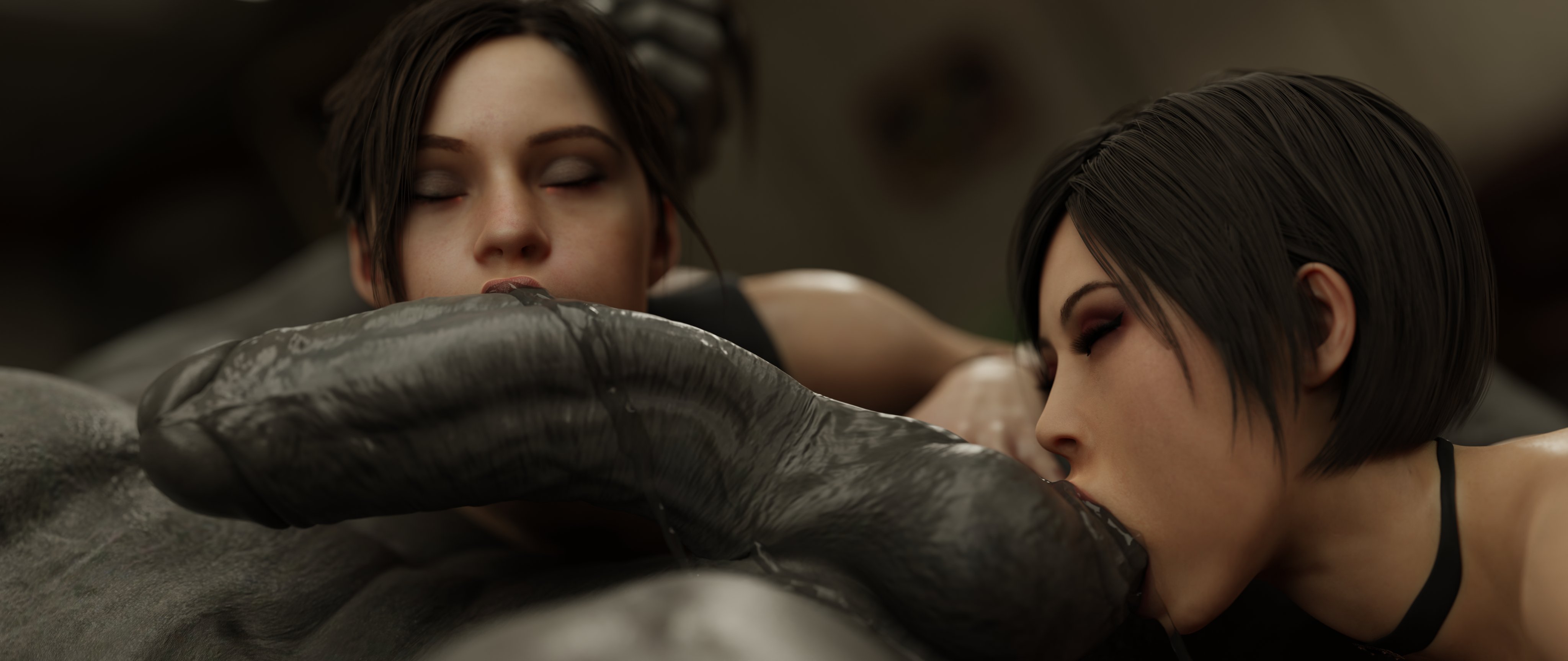 1boy, 2girls, 3d, ada wong, ada wong (adriana), asian female, black hair, brown hair, choker, claire redfield, claire redfield (jordan mcewen), closed eyes, collaborative fellatio, erection, fellatio, female, ffm threesome, happy, happy sex, happy trail, harem, large penis, love, lovers, male, monster, mr x, oral, penis, resident evil, resident evil 2, resident evil 2 remake, size difference, stephanie23, threesome, tyrant, veiny penis
