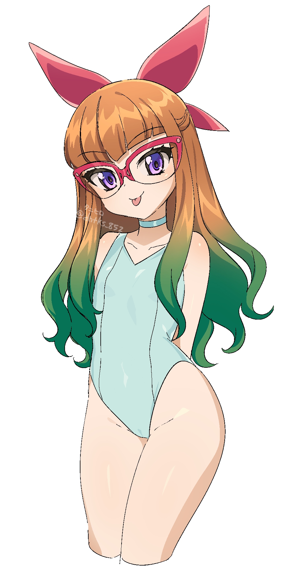 dntks female flat_chest glasses legs long_hair looking_at_viewer ohdo_yuamu purple_eyes ribbon swimsuit white_background yu-gi-oh! yu-gi-oh!_go_rush!! yuamu_ohdo