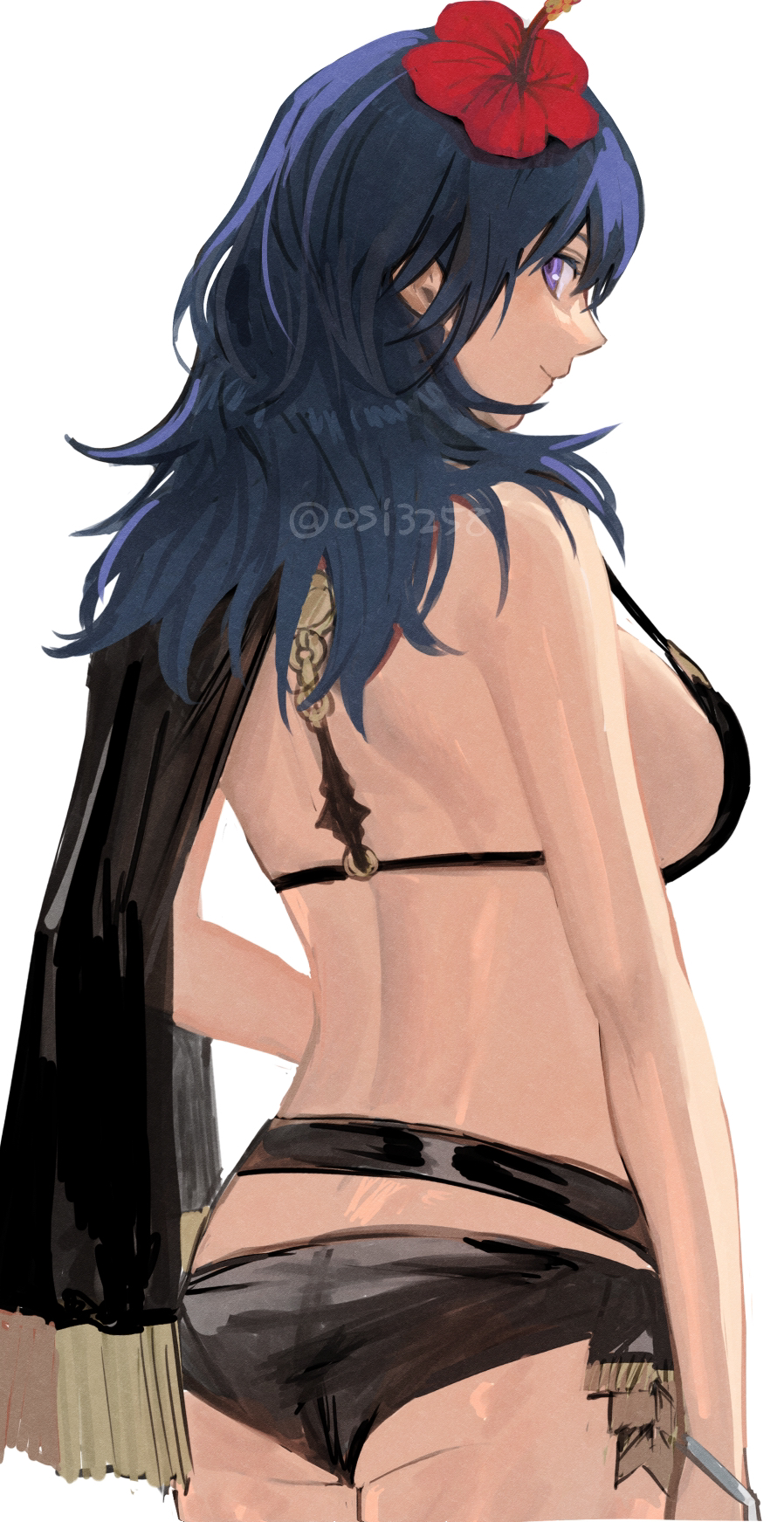 1girls alternate_costume ass big_ass bikini black_bikini black_swimsuit blue_hair breasts byleth_(female)_(fire_emblem) byleth_(female)_(summer)_(fire_emblem) byleth_(fire_emblem) byleth_(fire_emblem)_(female) capelet closed_mouth cowboy_shot female female_only fire_emblem fire_emblem:_three_houses fire_emblem_heroes flower hair_flower hair_ornament hibiscus highres long_hair looking_at_viewer looking_back medium_breasts nintendo official_alternate_costume purple_eyes red_flower sideboob simple_background solo strap_gap swimsuit ushiomi white_background