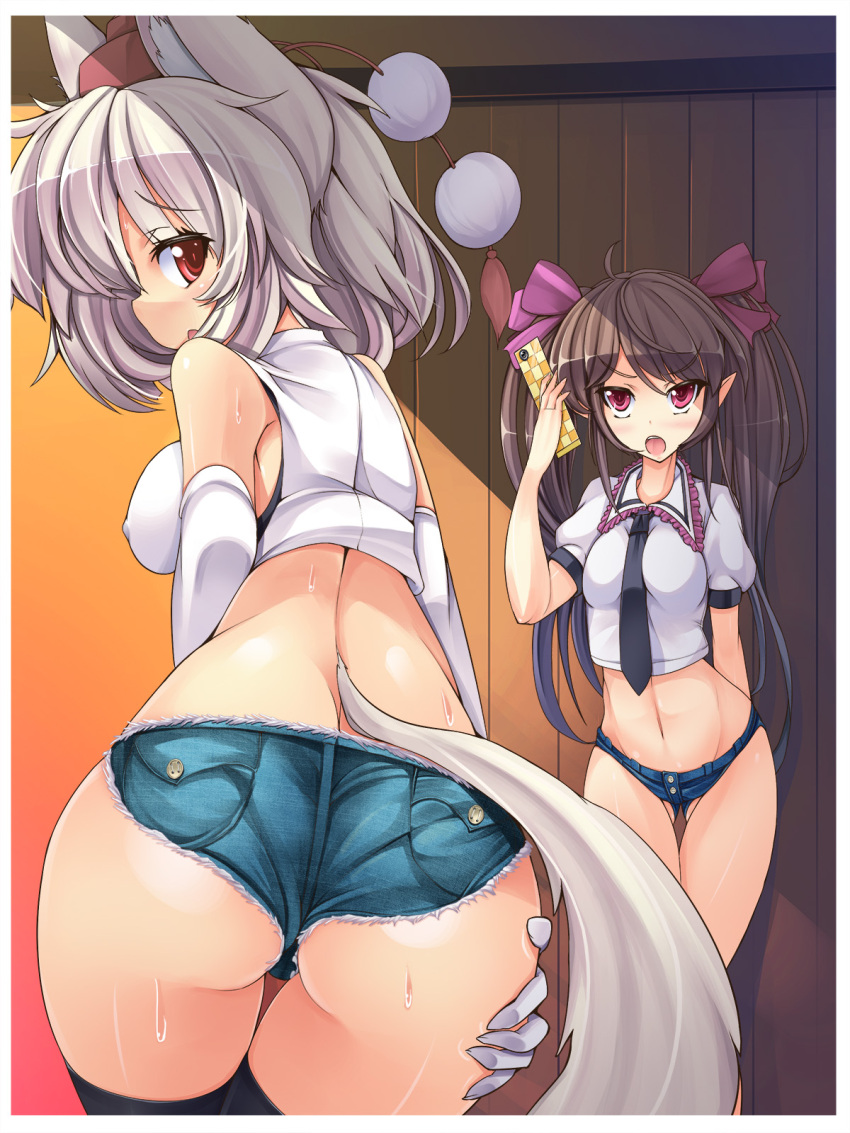 2girls, animal ears, ass, bent over, black legwear, blush, bow, brown hair, cellphone, daisy dukes, duo, elbow gloves, error, female, female only, gloves, hairbow, hat, hat ribbon, hatate himekaidou, human, long hair, looking at viewer, looking back, midriff, momiji inubashiri, multiple females, multiple girls, navel, necktie, open mouth, phone, pointy ears, red eyes, ribbon, shirt, short hair, short shorts, shorts, silver hair, sweat, tail, thighhighs, tied hair, tokin hat, torisan, touhou, turning, twintails, white gloves, wolf ears, wolf tail