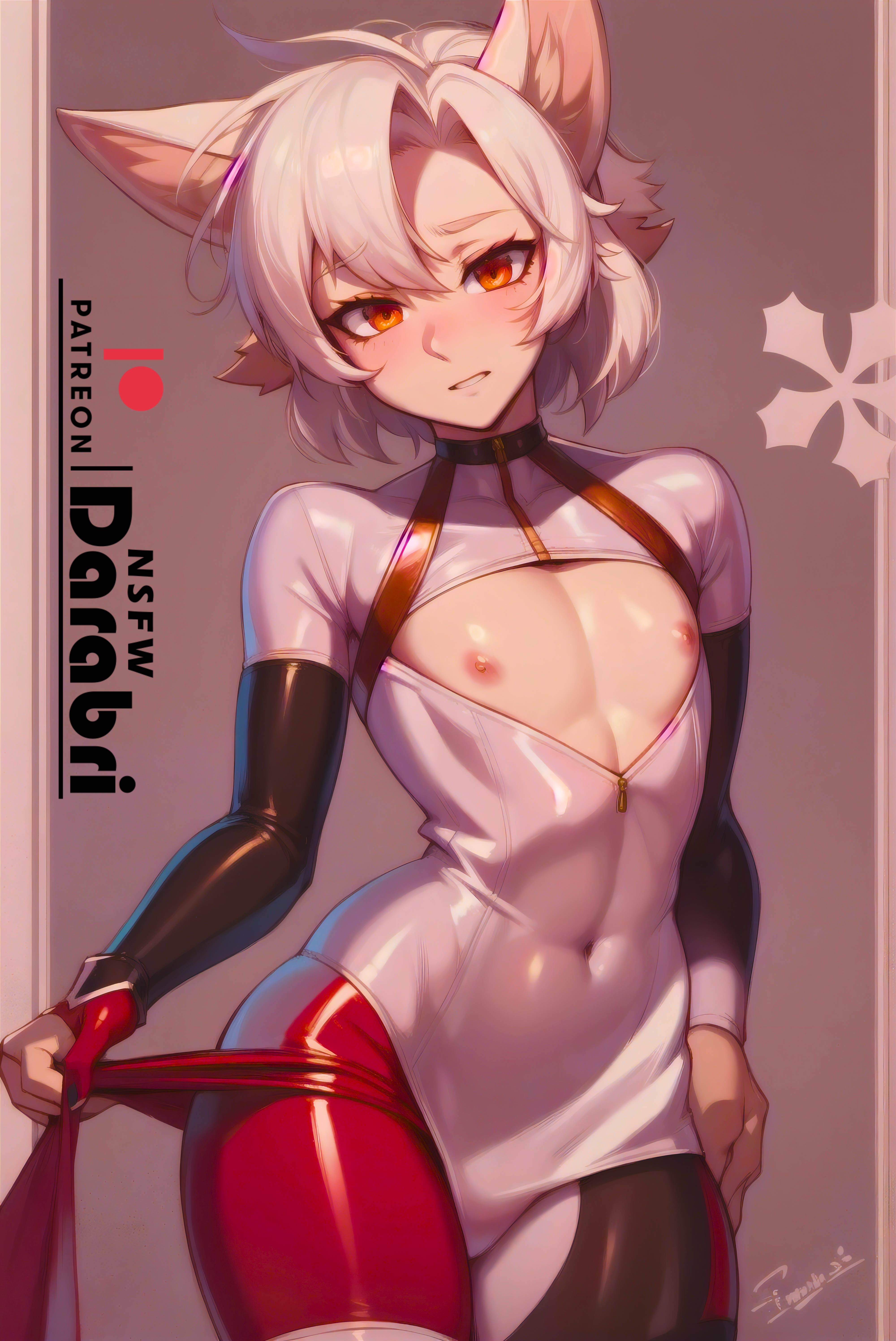1boy, abs, abstract background, absurd res, ai generated, blush, breasts, canine, cute, cute male, darabri, detailed, dog ears, exposed breasts, femboy, feminine male, flat chest, flushed, girly, looking at viewer, male, male only, muscular, otoko no ko, outlines, pale skin, patreon, patreon logo, pov, red d, red eyes, simple background, solo focus, teeth, tight clothing, tight fit, toned, trap, white hair