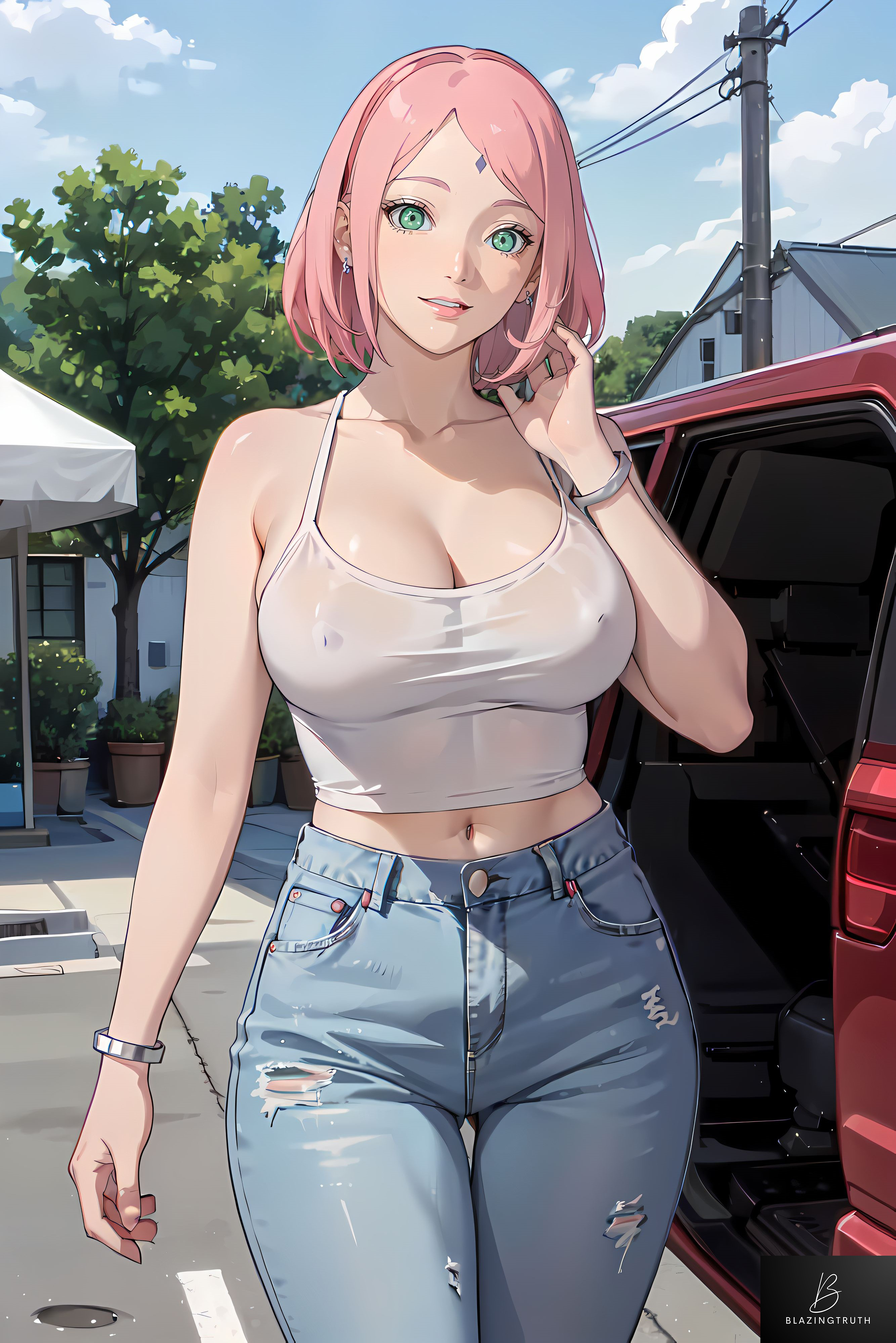 1girls, ai generated, alternate costume, artist name, bare midriff, bare shoulders, blazeren ai/3d, blush, bob cut, boruto: naruto next generations, breasts, cleavage, clothing, curvaceous, curvy, curvy body, curvy female, curvy figure, denim, denim jeans, erect nipples, erect nipples under clothes, facial mark, female, female only, forehead mark, front view, green eyes, hard nipples, hourglass figure, jeans, light skin, light-skinned female, looking at viewer, nai diffusion, naruto, naruto (series), nipples, no bra, no bra under clothes, outdoors, paipan, pale skin, pale-skinned female, pants, petite, pink hair, revealing clothes, sakura haruno, see-through, see-through clothing, skimpy, skimpy clothes, smile, solo, stable diffusion, standing, tank top, tight clothing, tight jeans, tight pants, watermark, wide hips